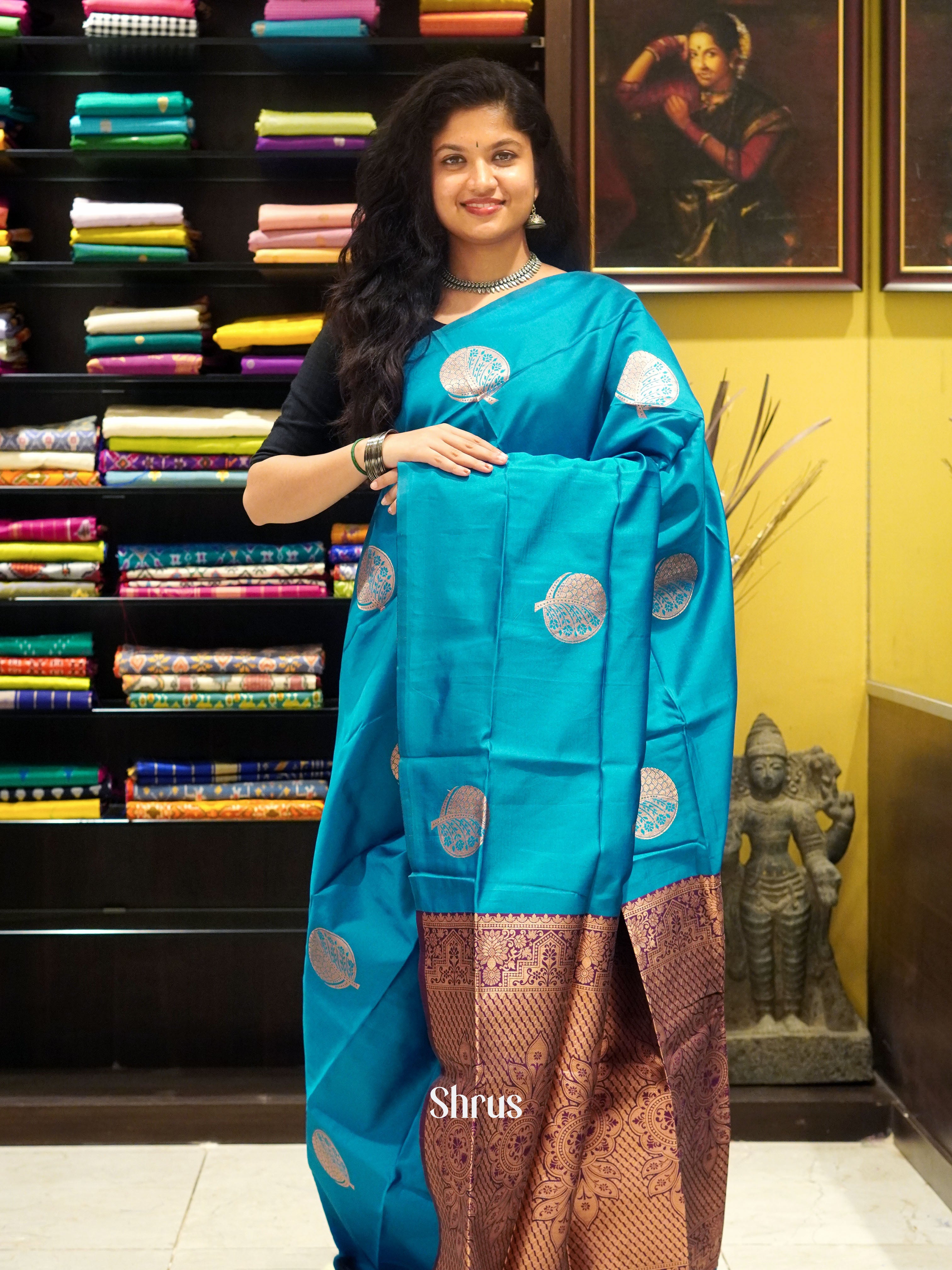 Blue & MAroon- Semi Softsilk Saree - Shop on ShrusEternity.com