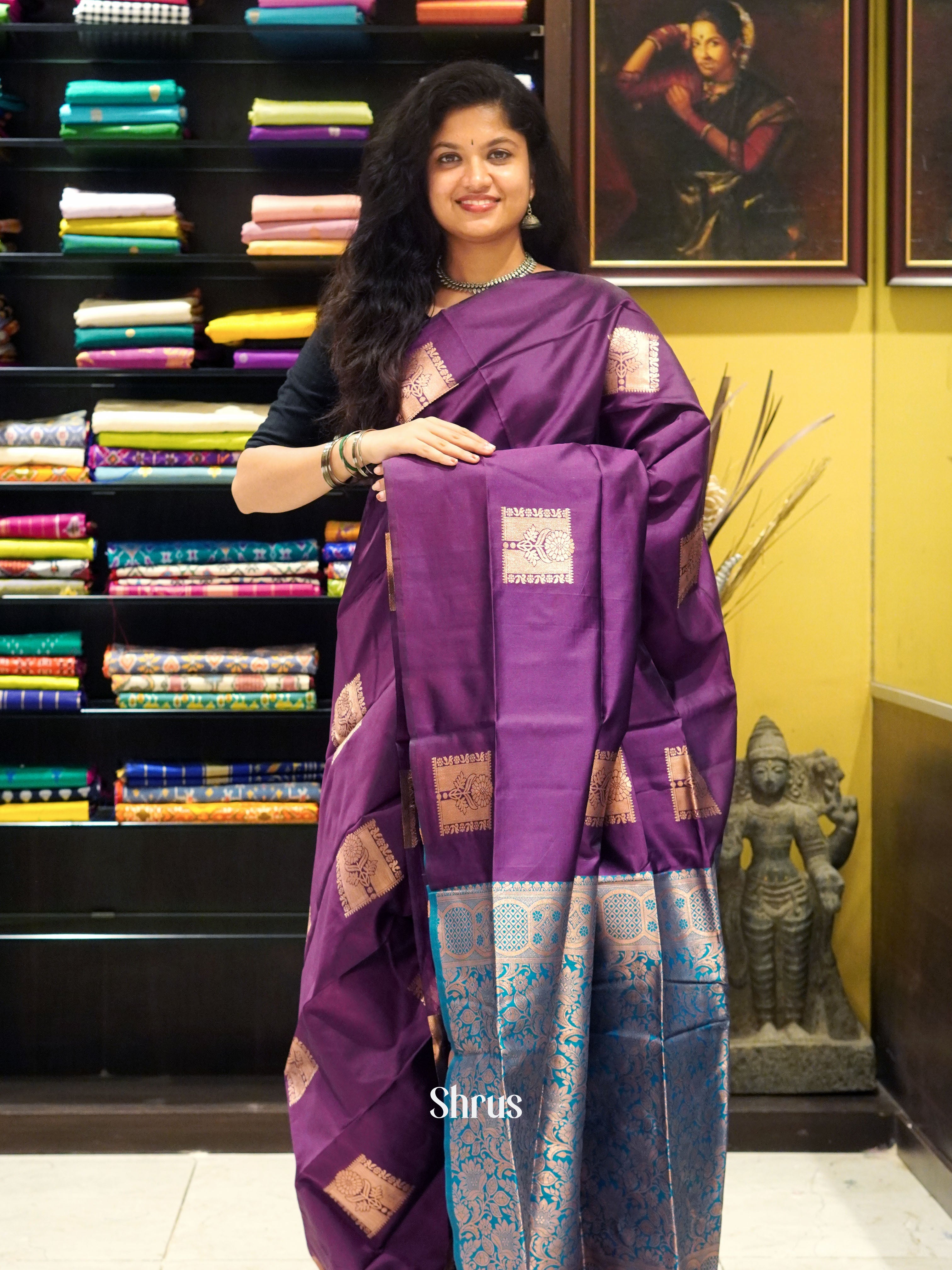 Wine & Blue - Semi Softsilk Saree - Shop on ShrusEternity.com
