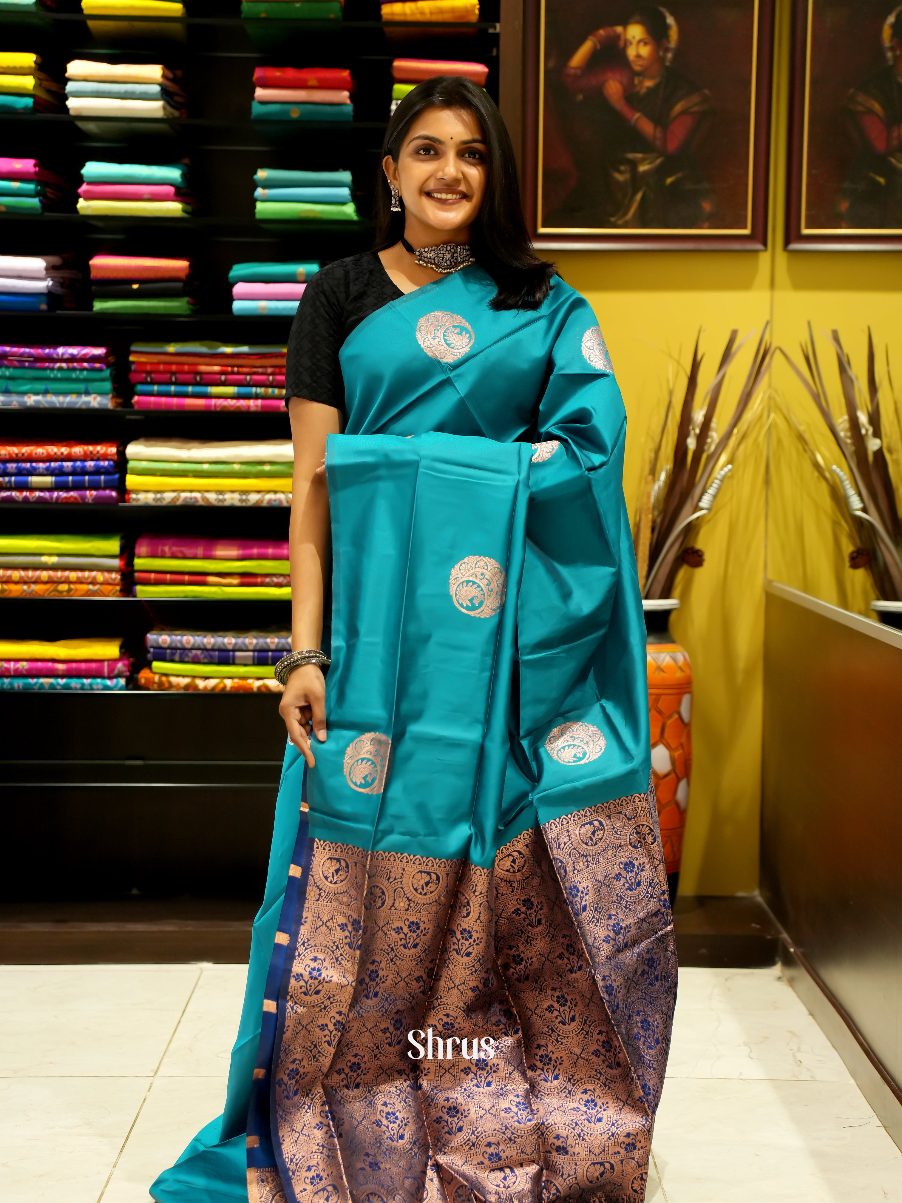 Peacock Green & Blue - Semi Softsilk Saree - Shop on ShrusEternity.com
