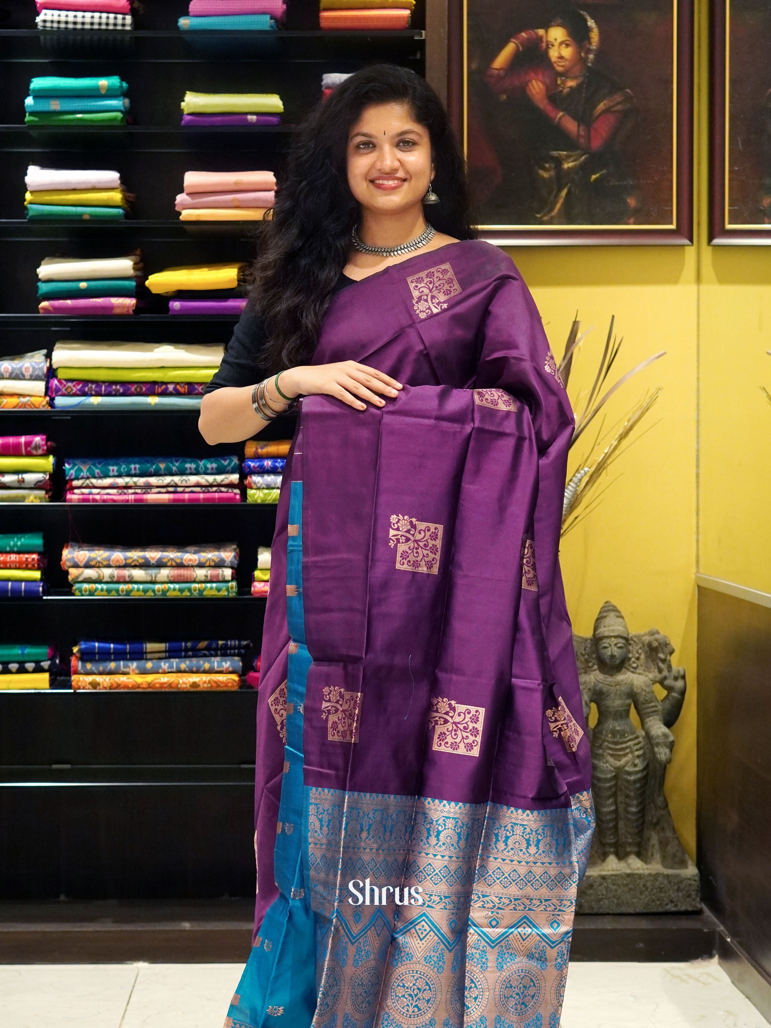 Wine & Blue Semi Softsilk Saree - Shop on ShrusEternity.com
