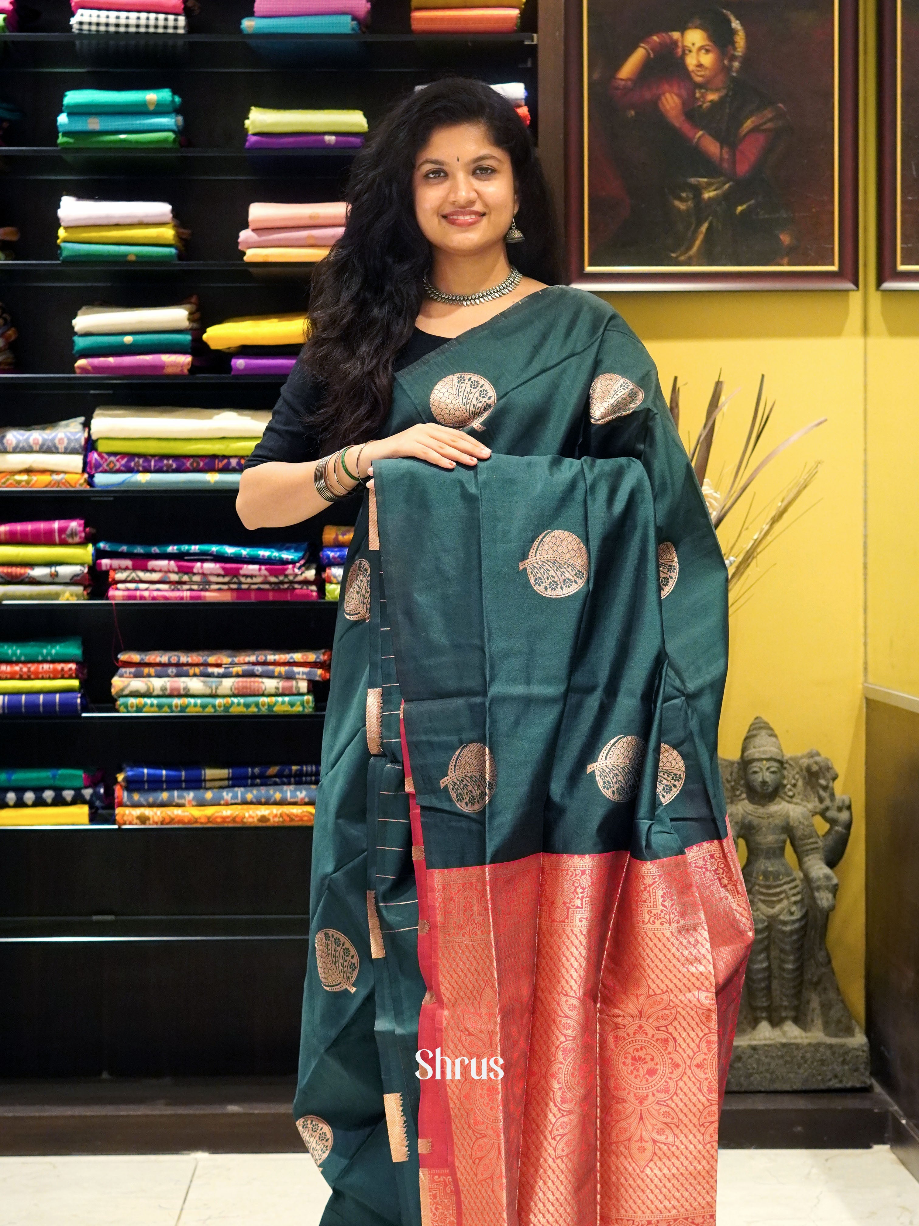 Bottle Green & Pink - Semi Softsilk Saree - Shop on ShrusEternity.com