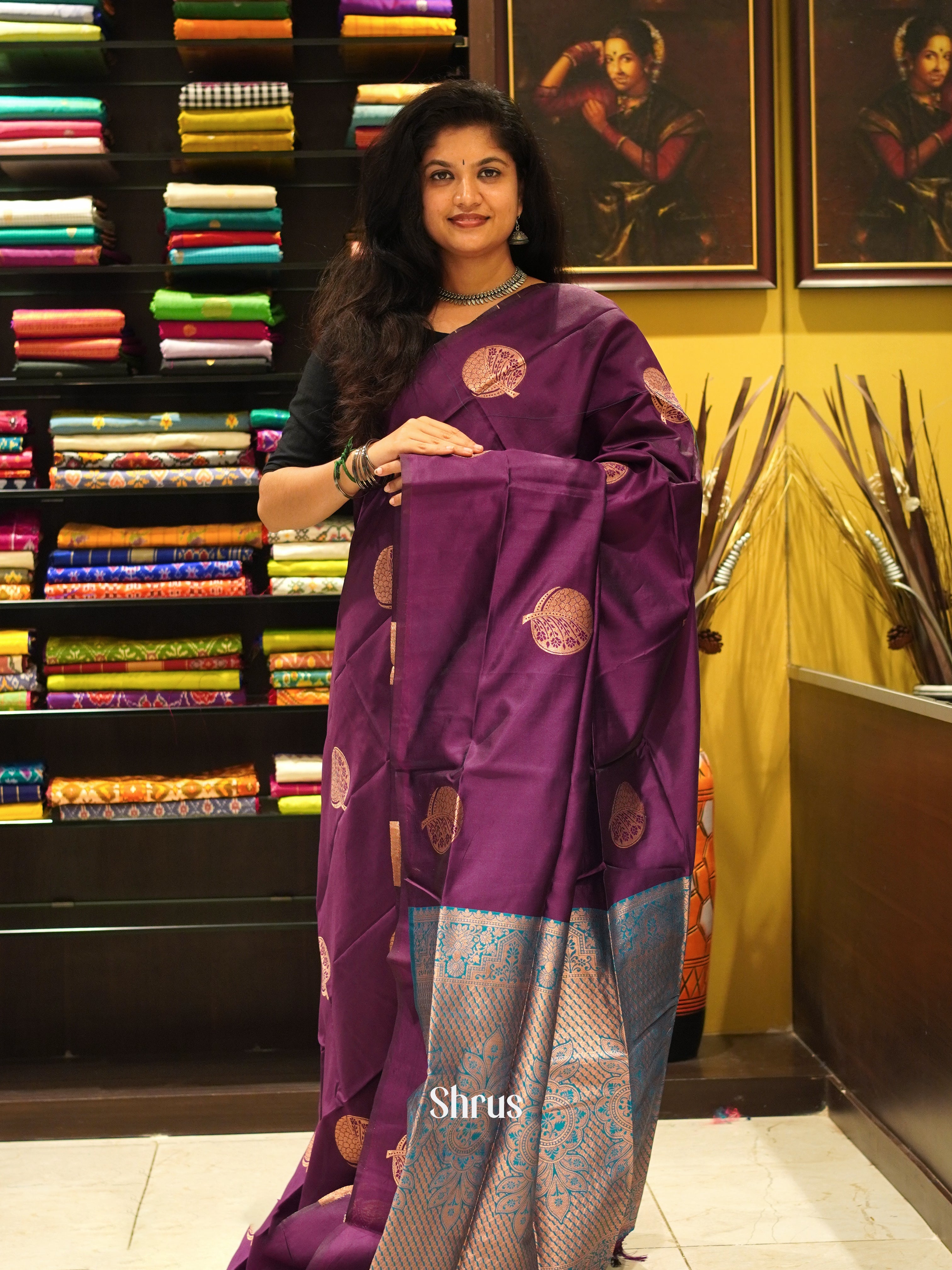 Wine & Blue - Semi Softsilk Saree - Shop on ShrusEternity.com