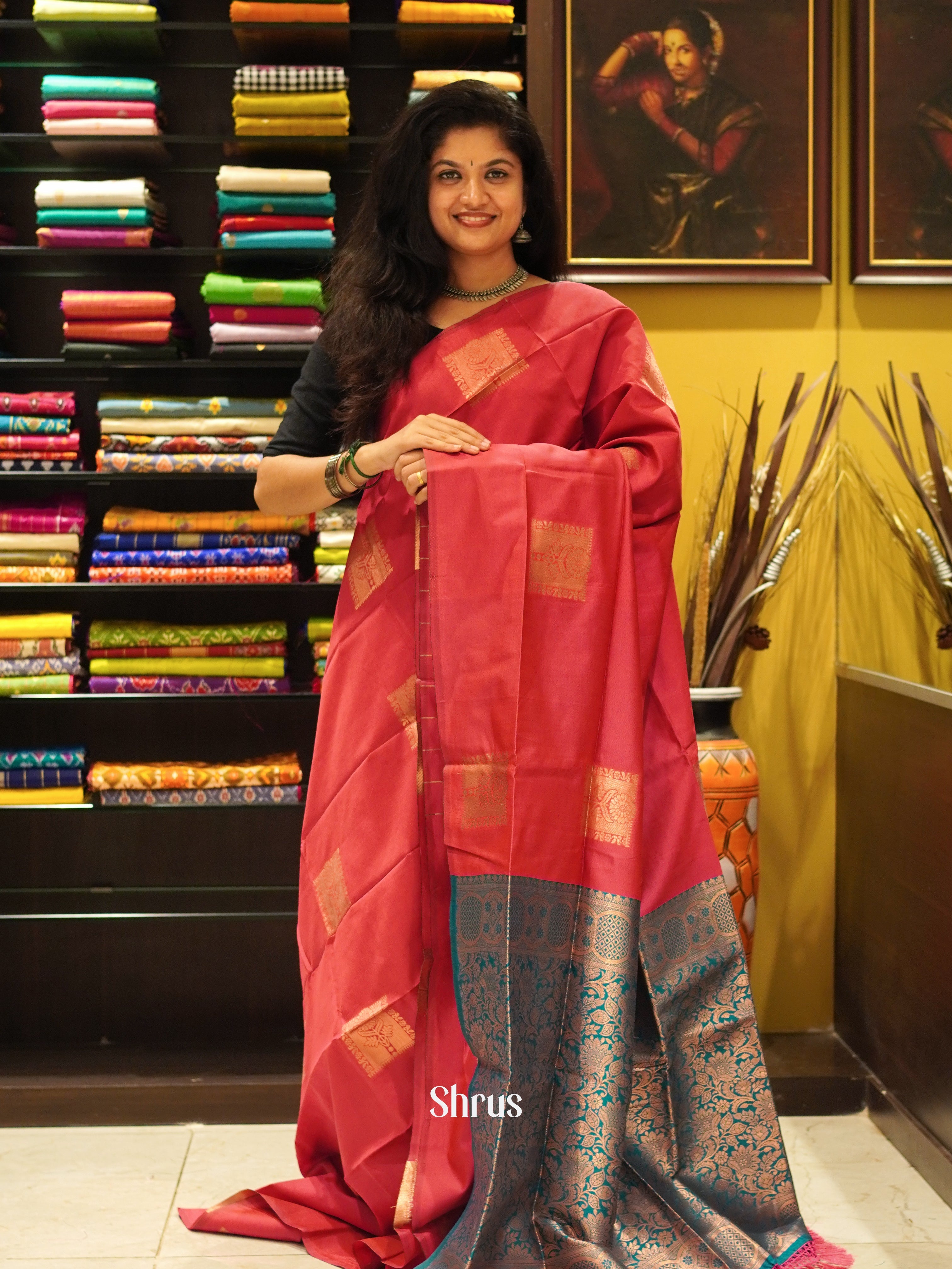 Pink And Peacock Neck- Semi soft silk saree - Shop on ShrusEternity.com