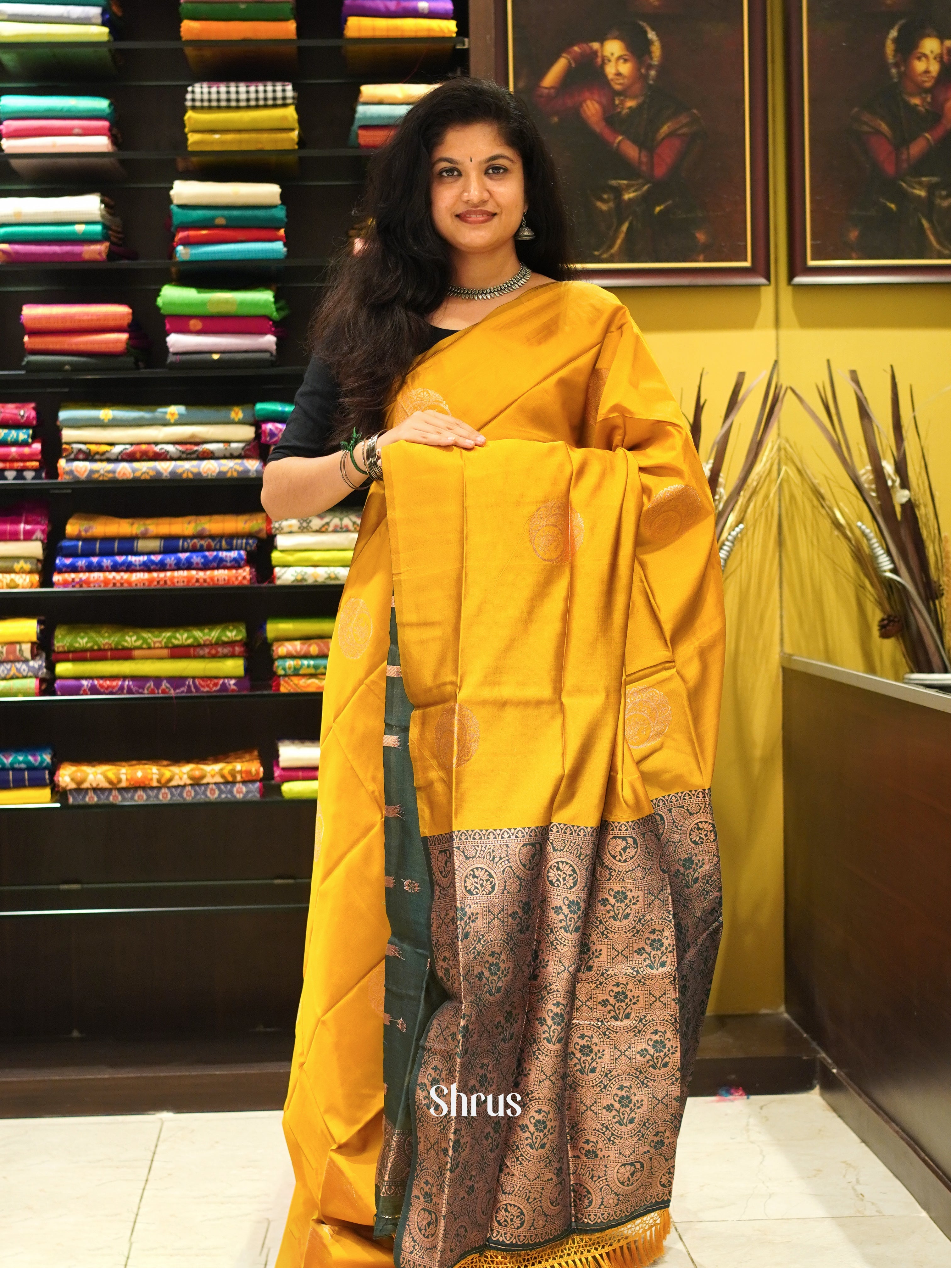 Mustard Green & Green - Semi Softsilk Saree - Shop on ShrusEternity.com