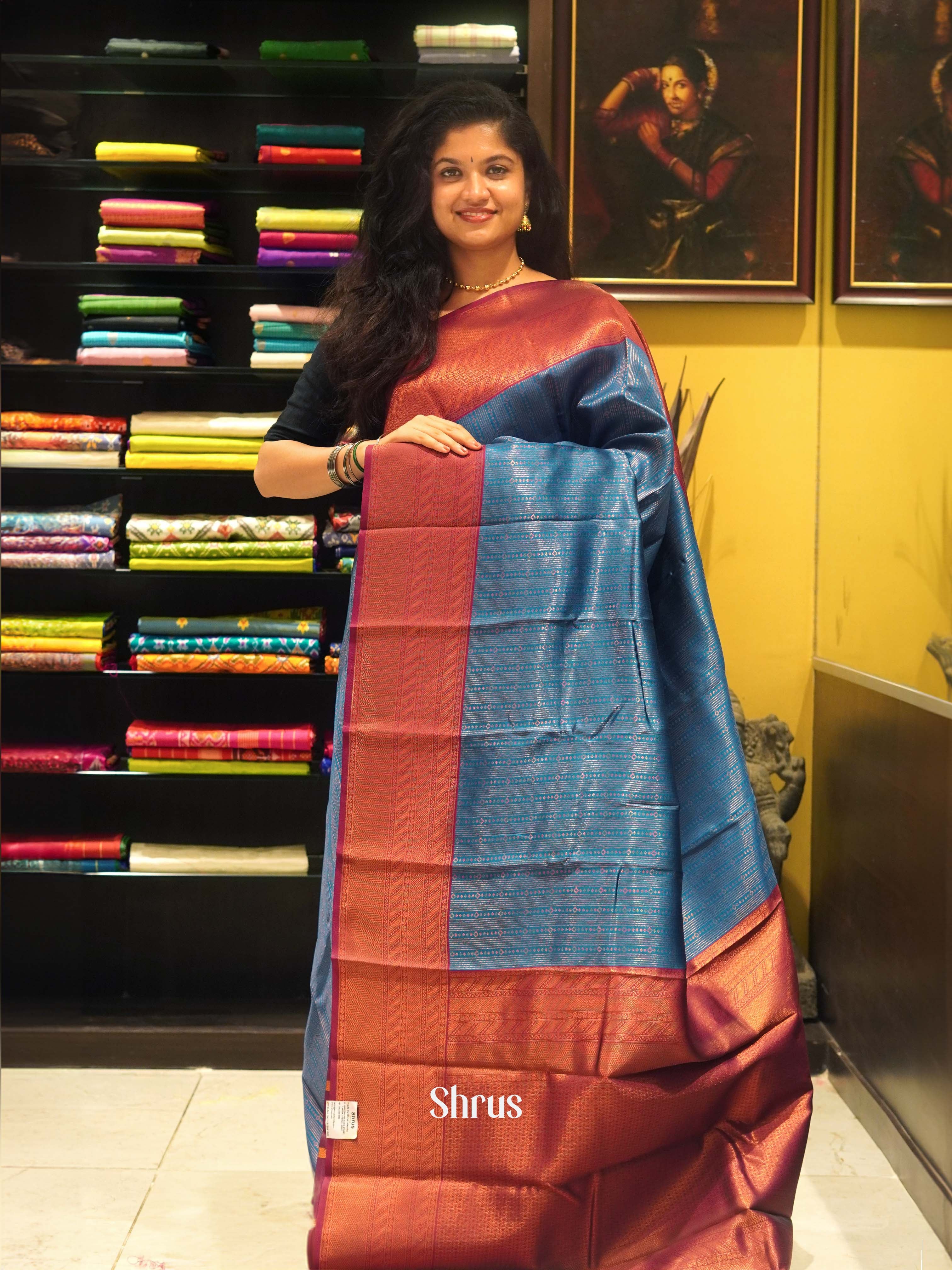 blue and maroon - Semi kanchipuram saree - Shop on ShrusEternity.com