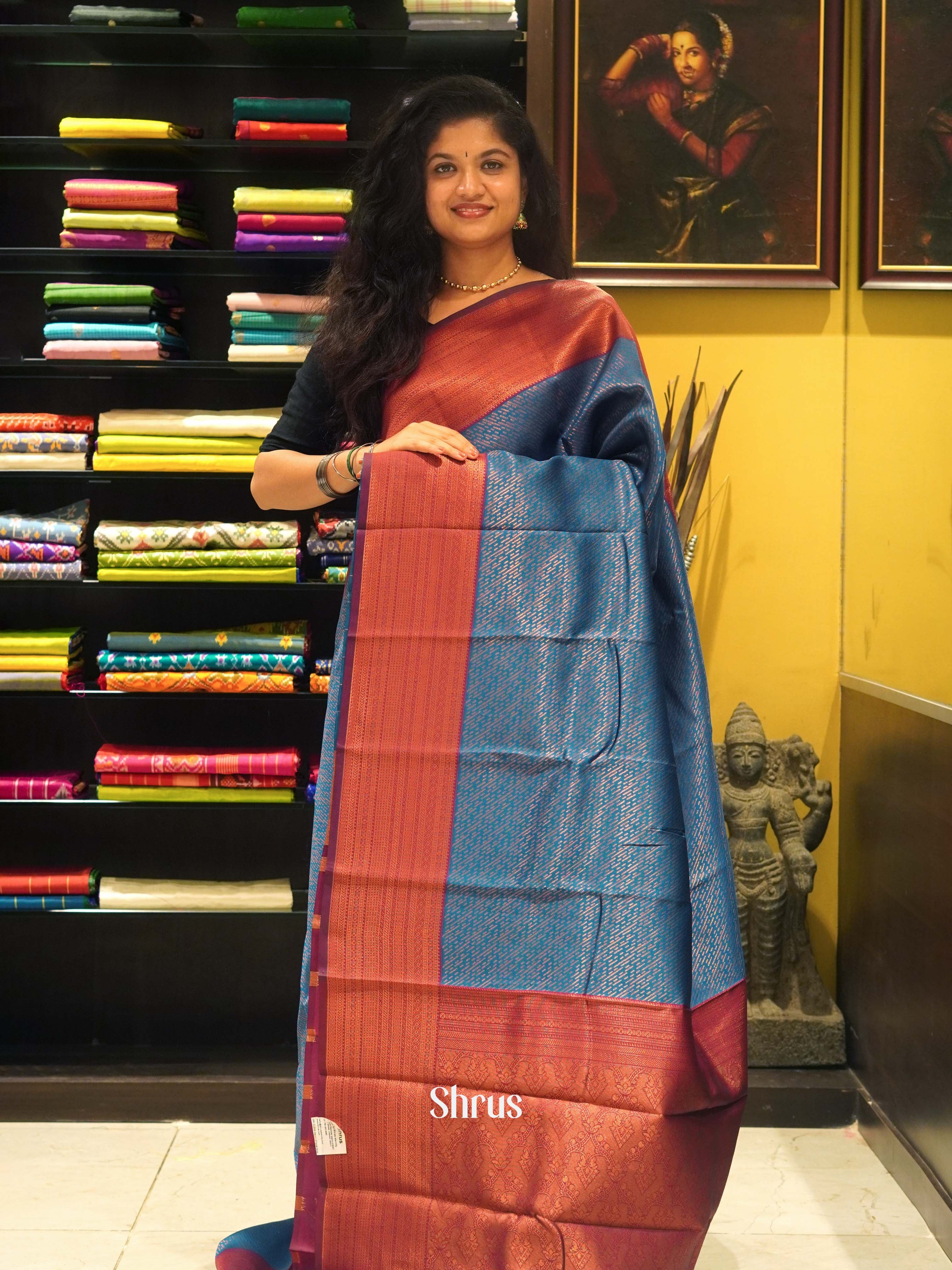 Blue & Majenta Pink - Semi Kanchipuram Saree - Shop on ShrusEternity.com