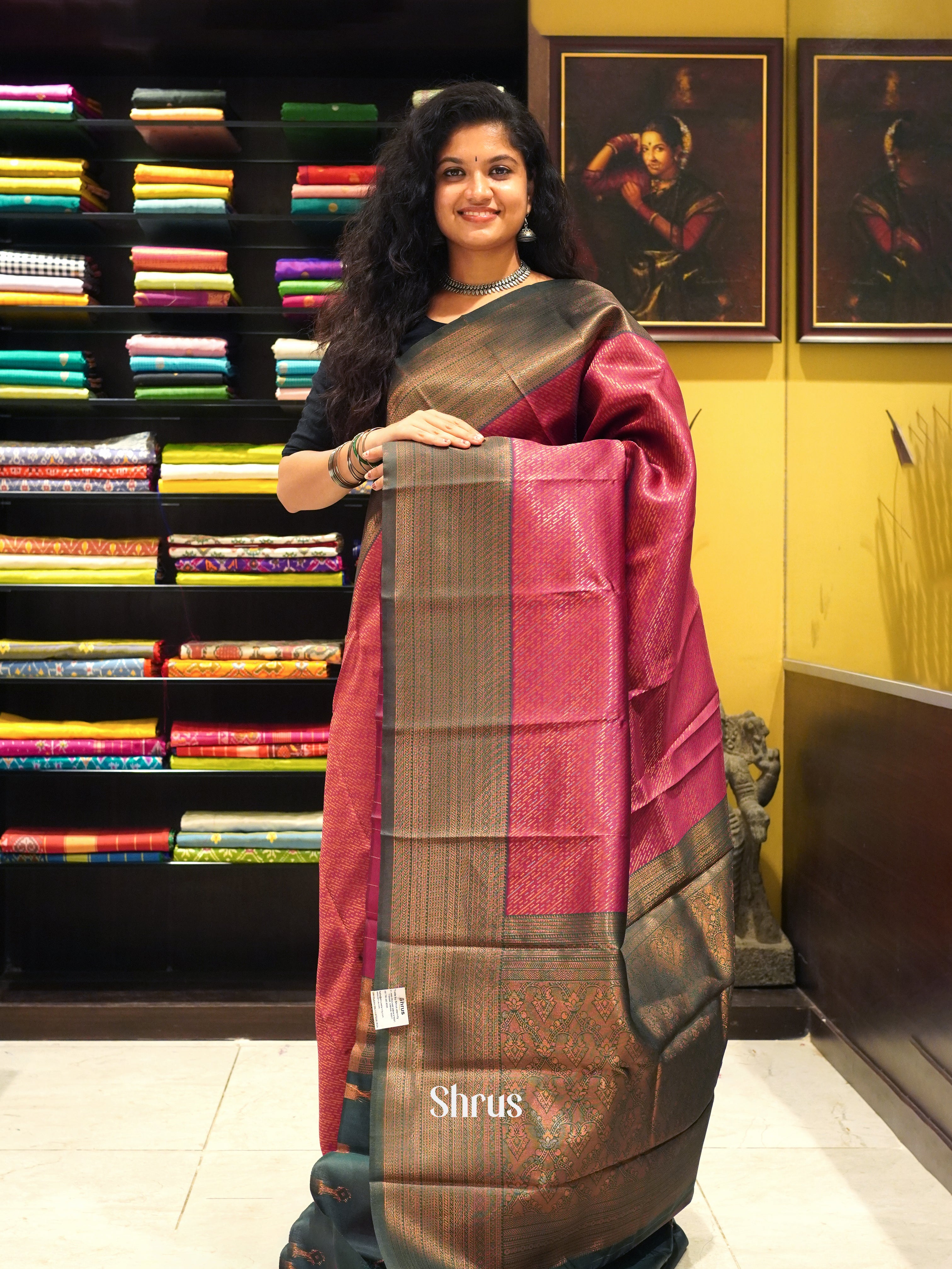 Majenta pink and green -. semi kanchipuram Saree - Shop on ShrusEternity.com