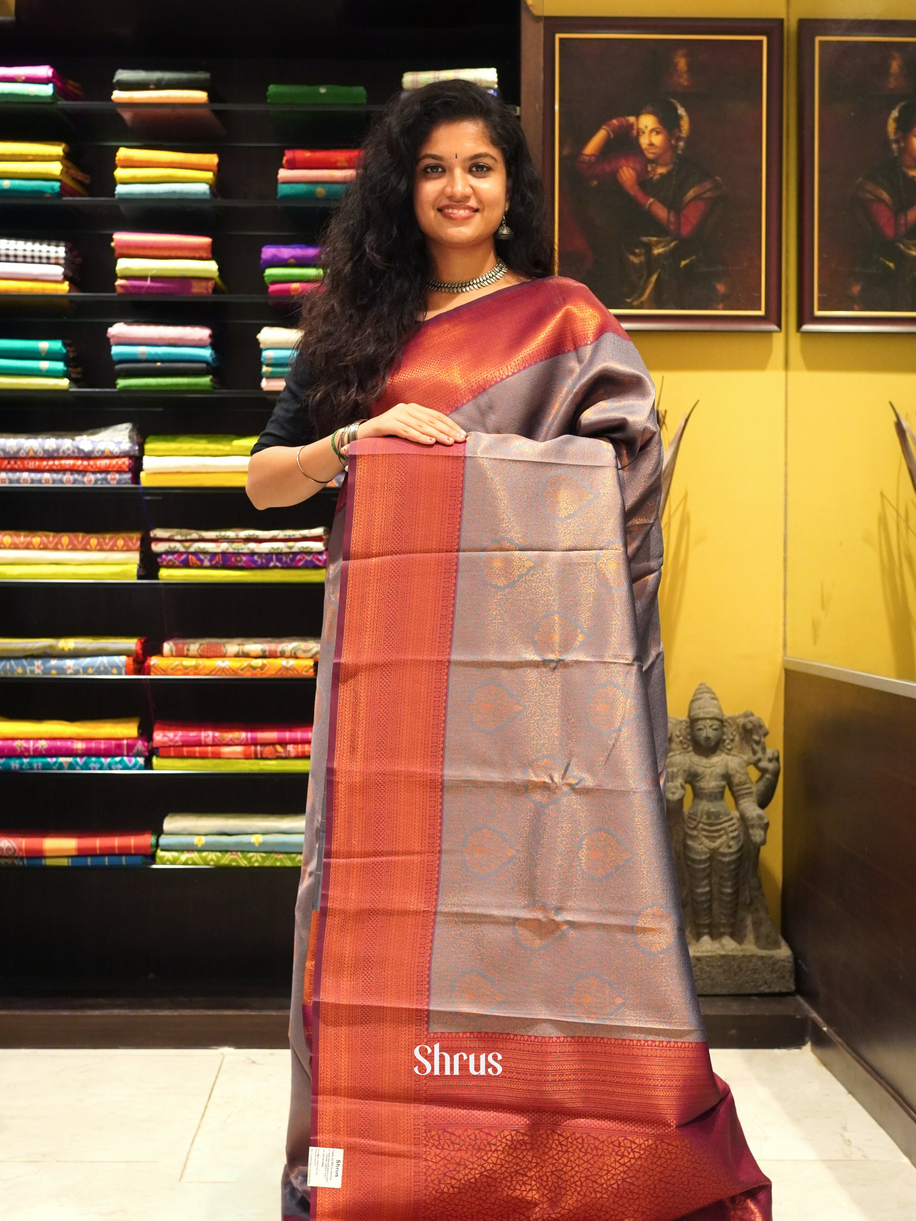 grey and araku maroon- Semi kanchipuram saree - Shop on ShrusEternity.com