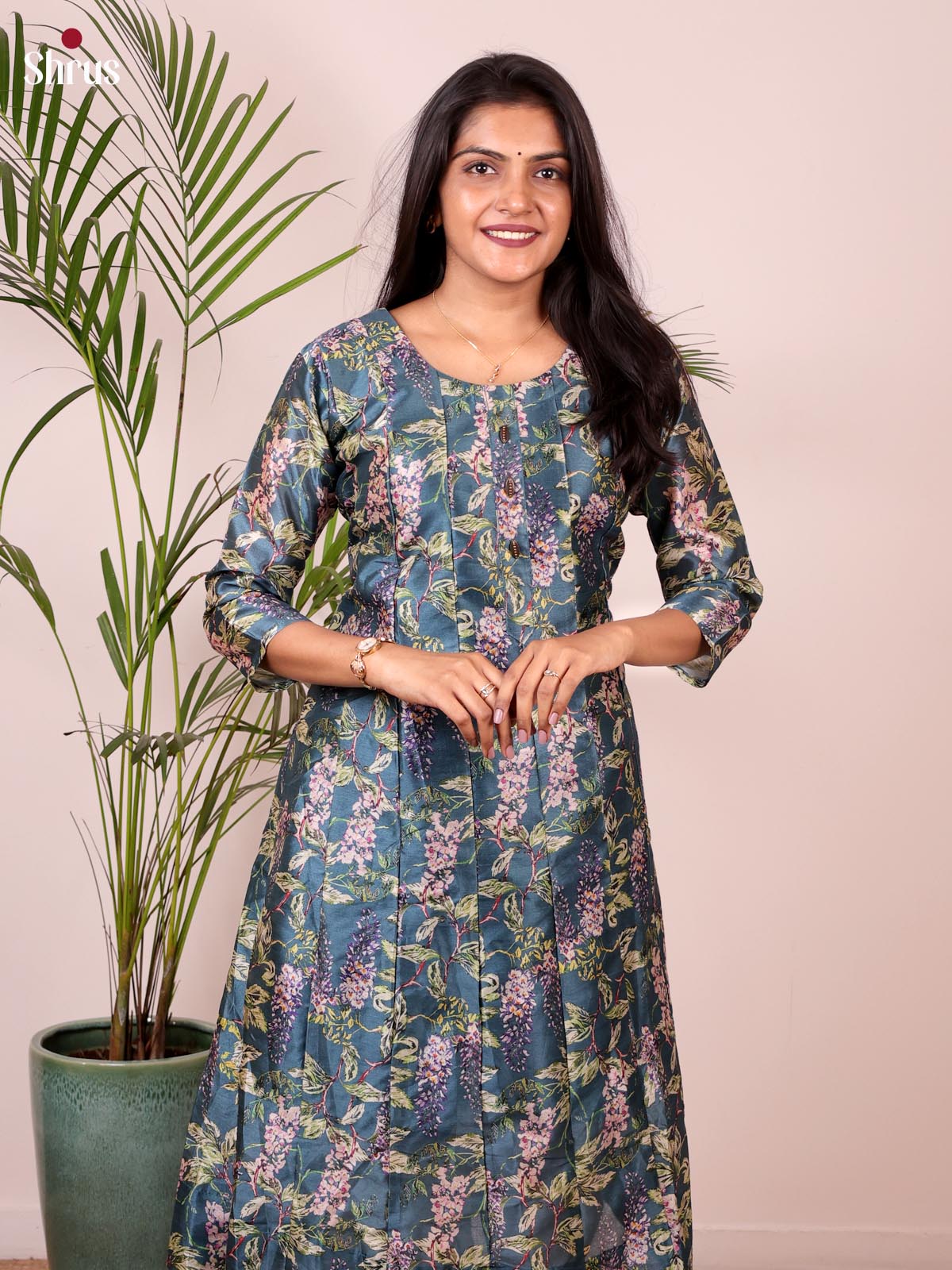 Blue - Chanderi floral printed Readymade kurti - Shop on ShrusEternity.com