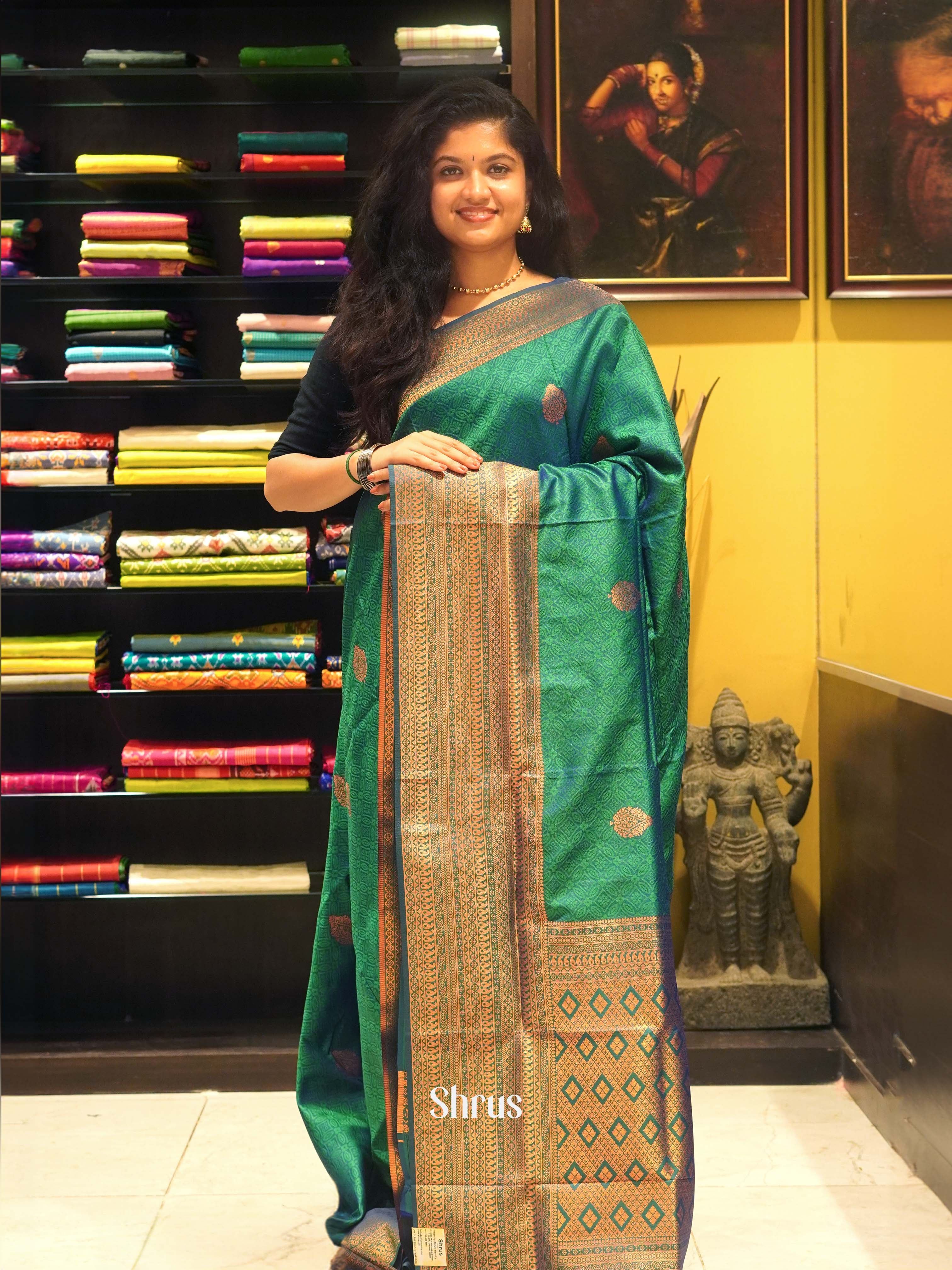 Green(single tone) - Semi Kanchipuram Saree - Shop on ShrusEternity.com