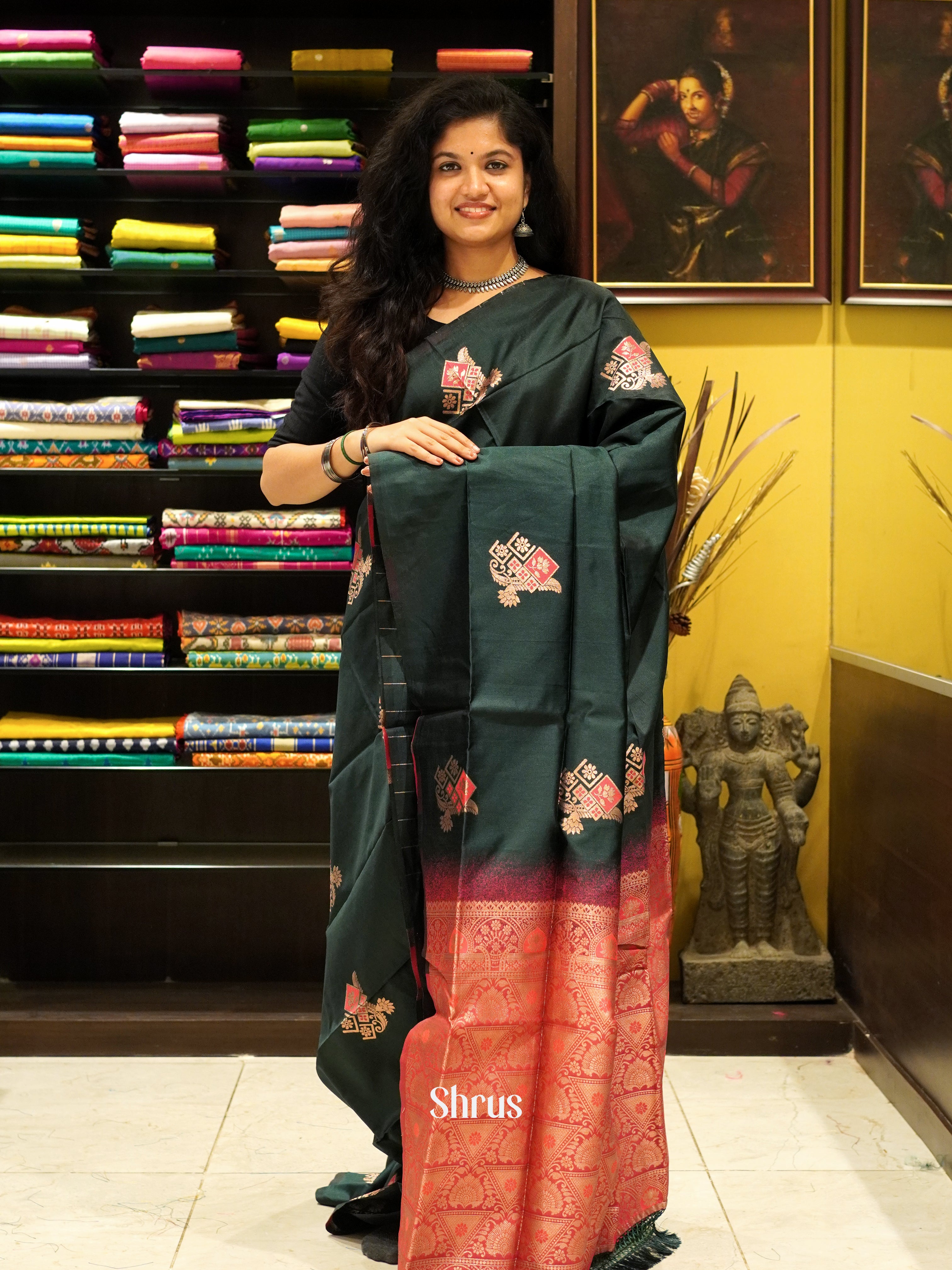 Green & Pink - Semi Softsilk Saree - Shop on ShrusEternity.com