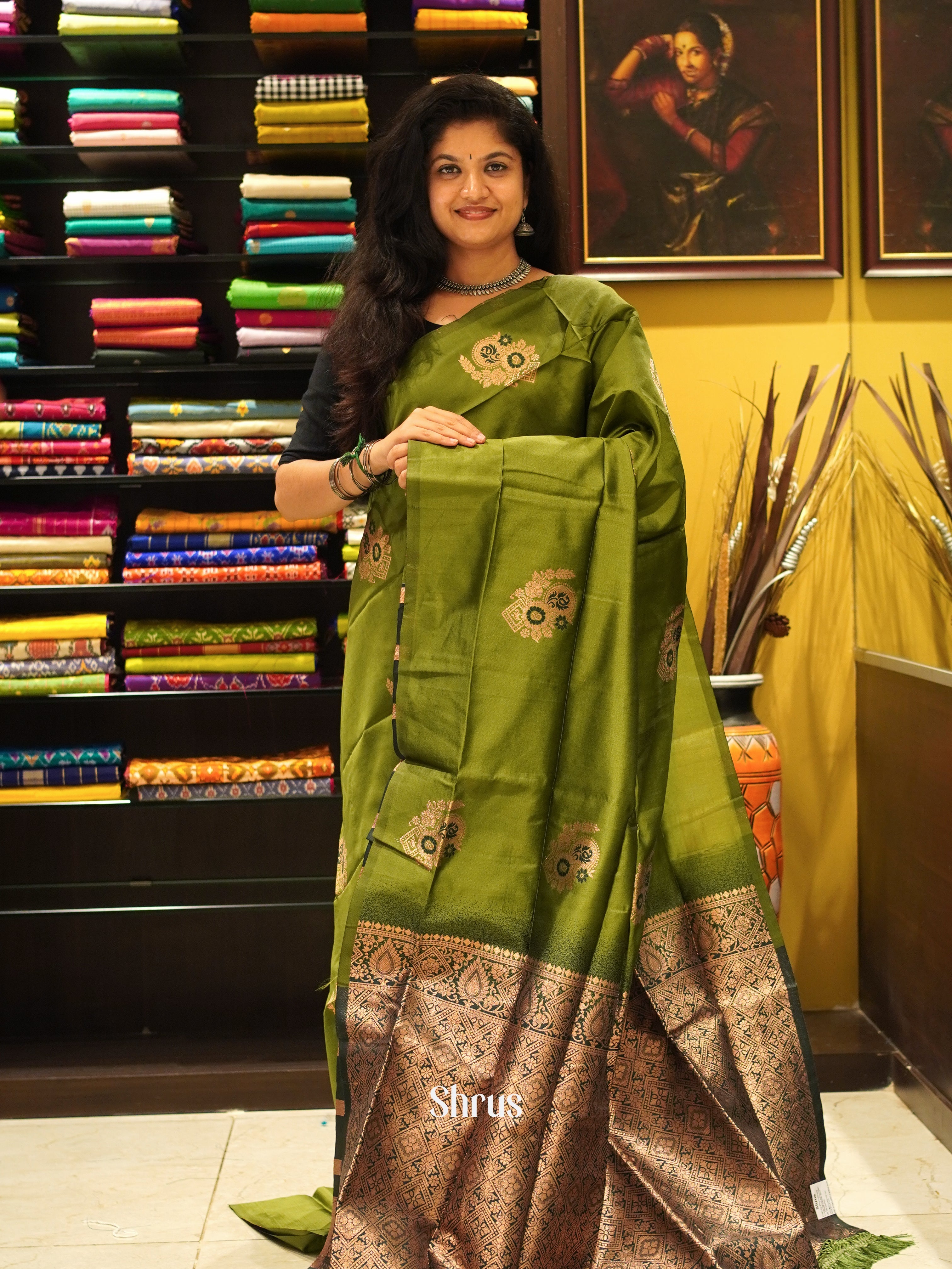 Green and dark green- semi soft silk Saree - Shop on ShrusEternity.com
