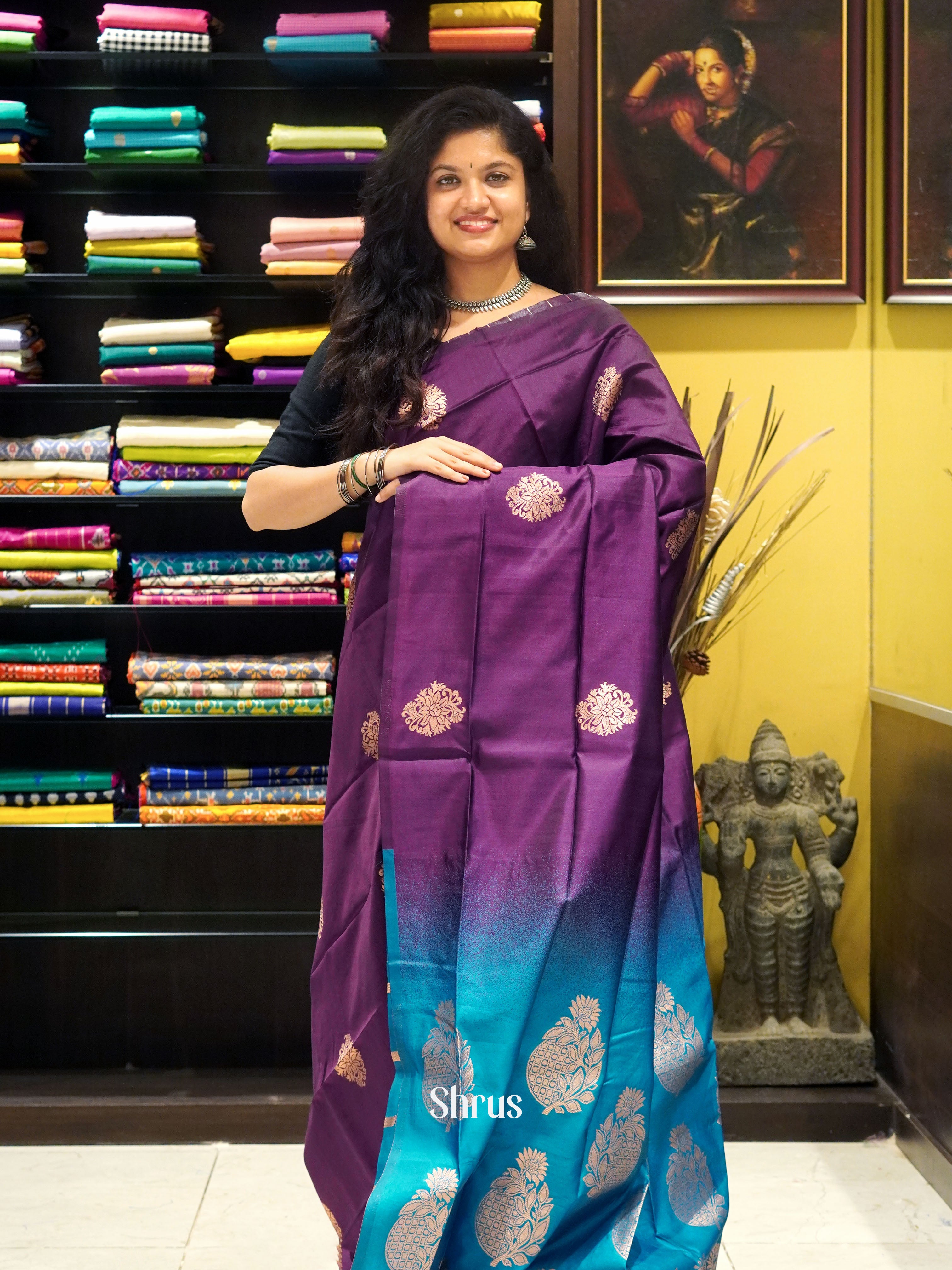 Wine and Blue- Semi Softsilk Saree - Shop on ShrusEternity.com