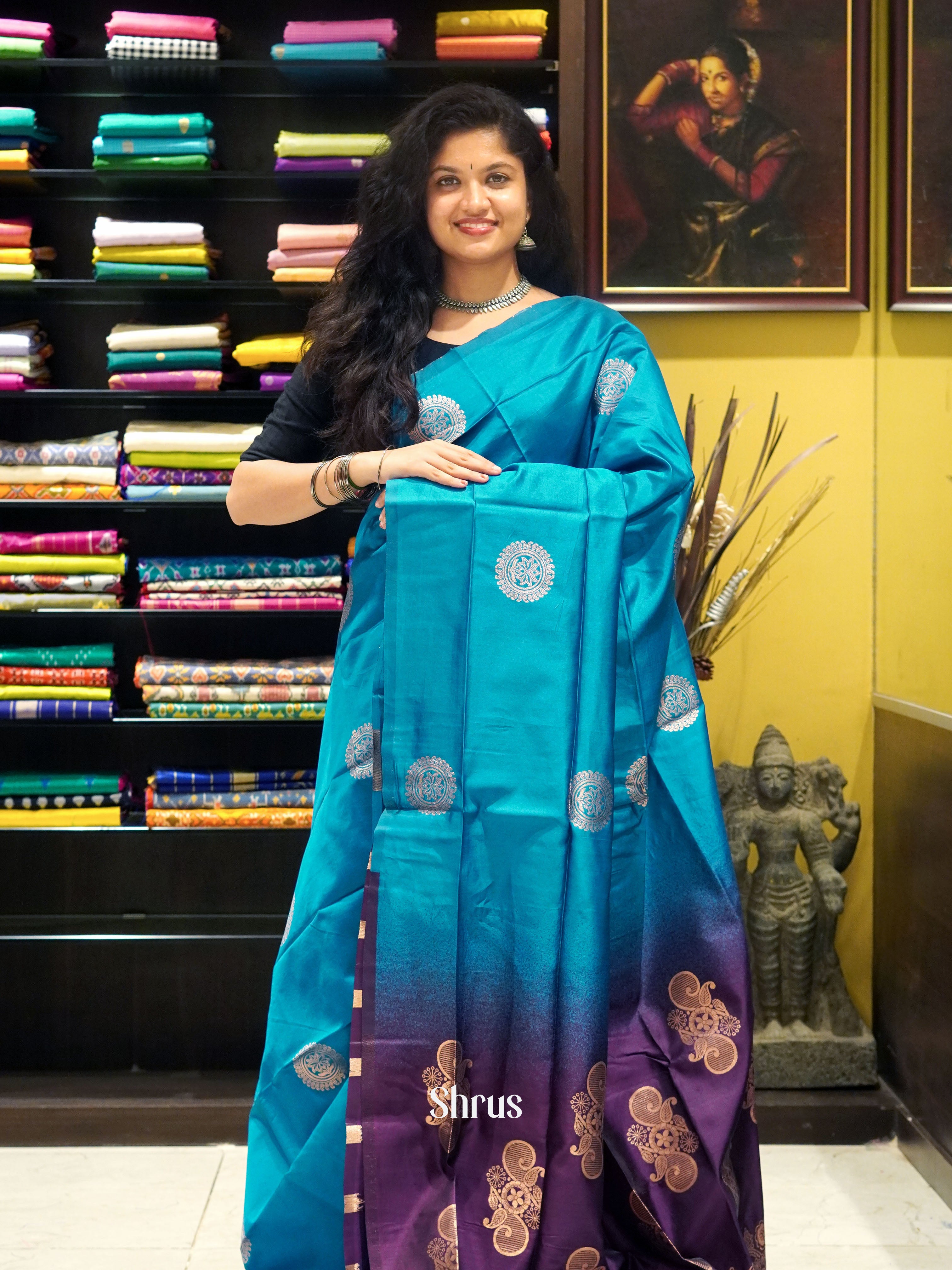 Blue & Wine - Semi Softsilk Saree - Shop on ShrusEternity.com