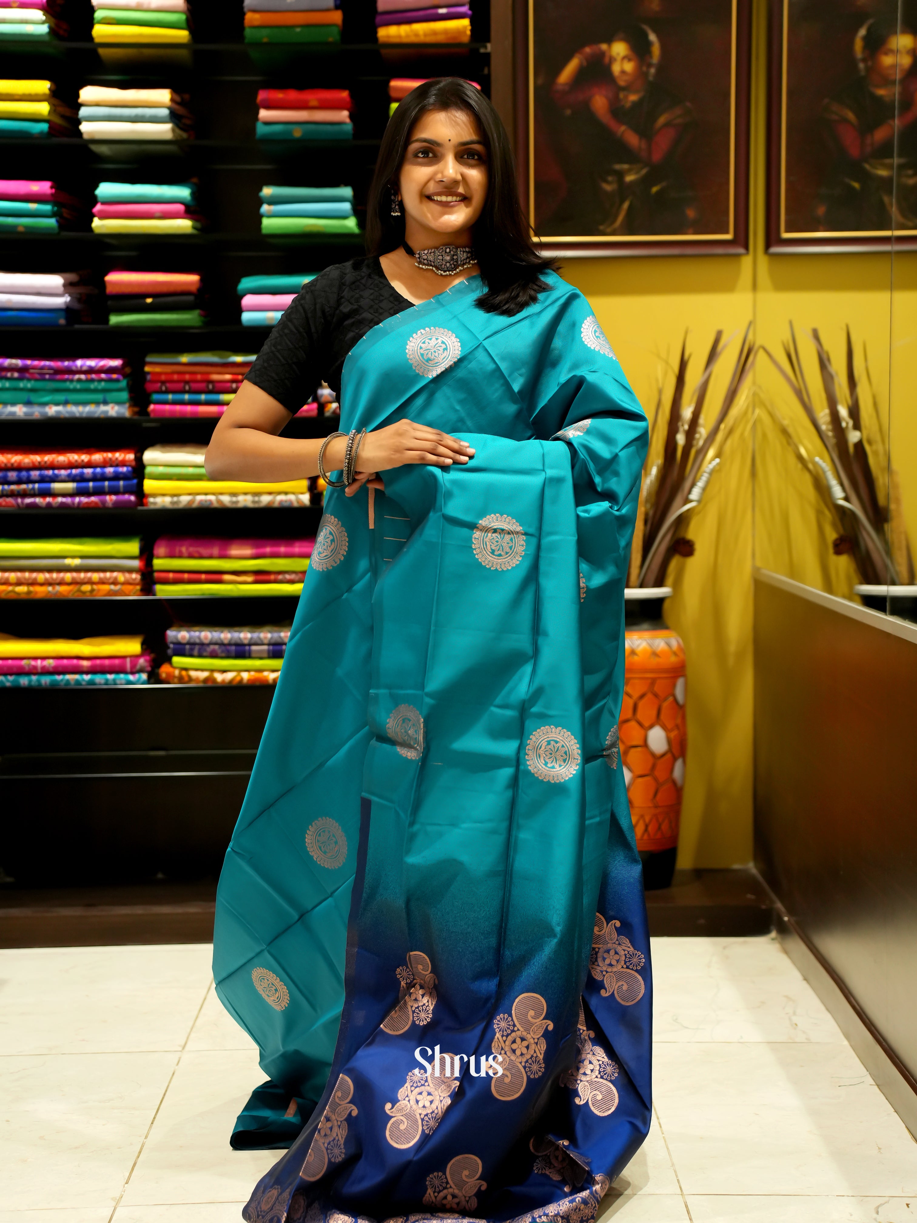 Green And Blue- Semi Soft Silk Saree - Shop on ShrusEternity.com
