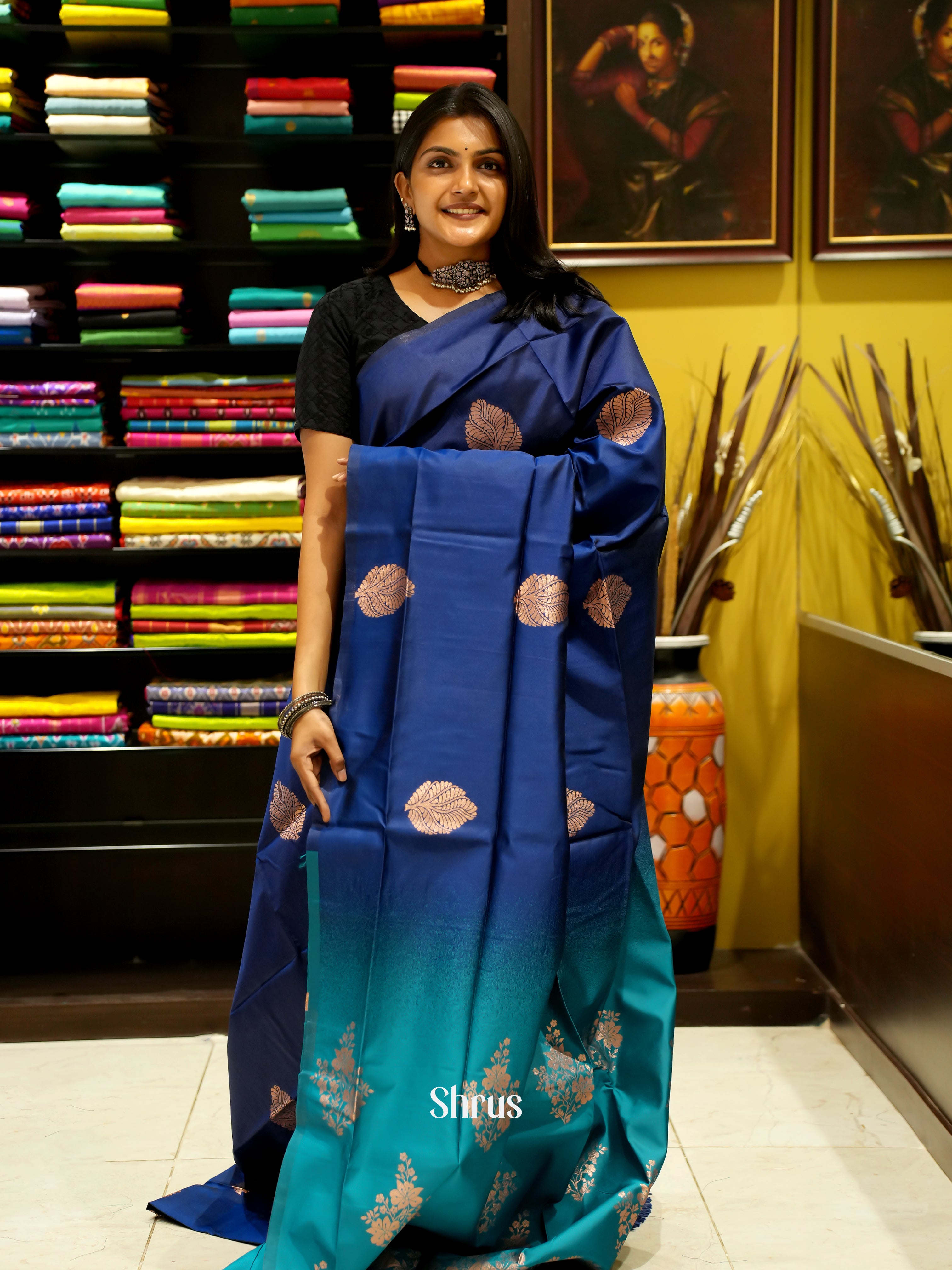 Blue And Green- Semi soft Silk saree - Shop on ShrusEternity.com