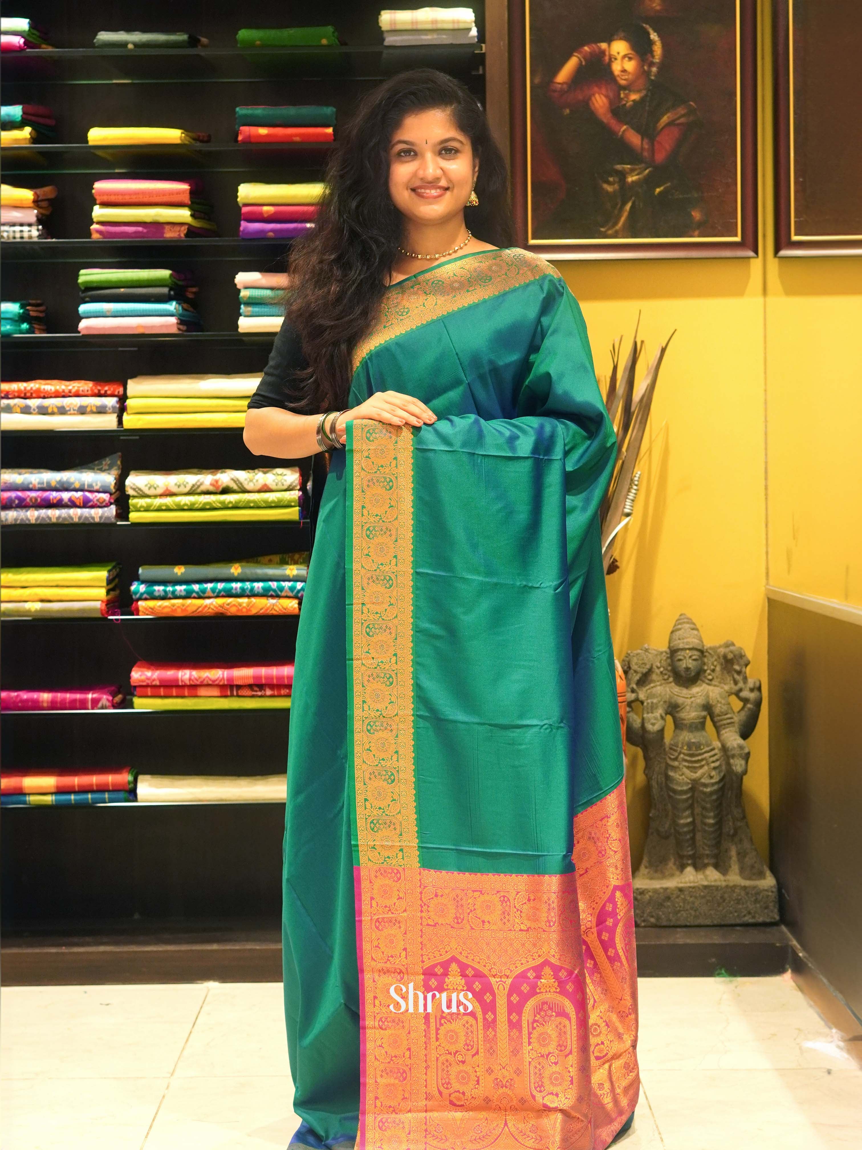 Peacock Green & Pink - Semi Kanchipuram Saree - Shop on ShrusEternity.com