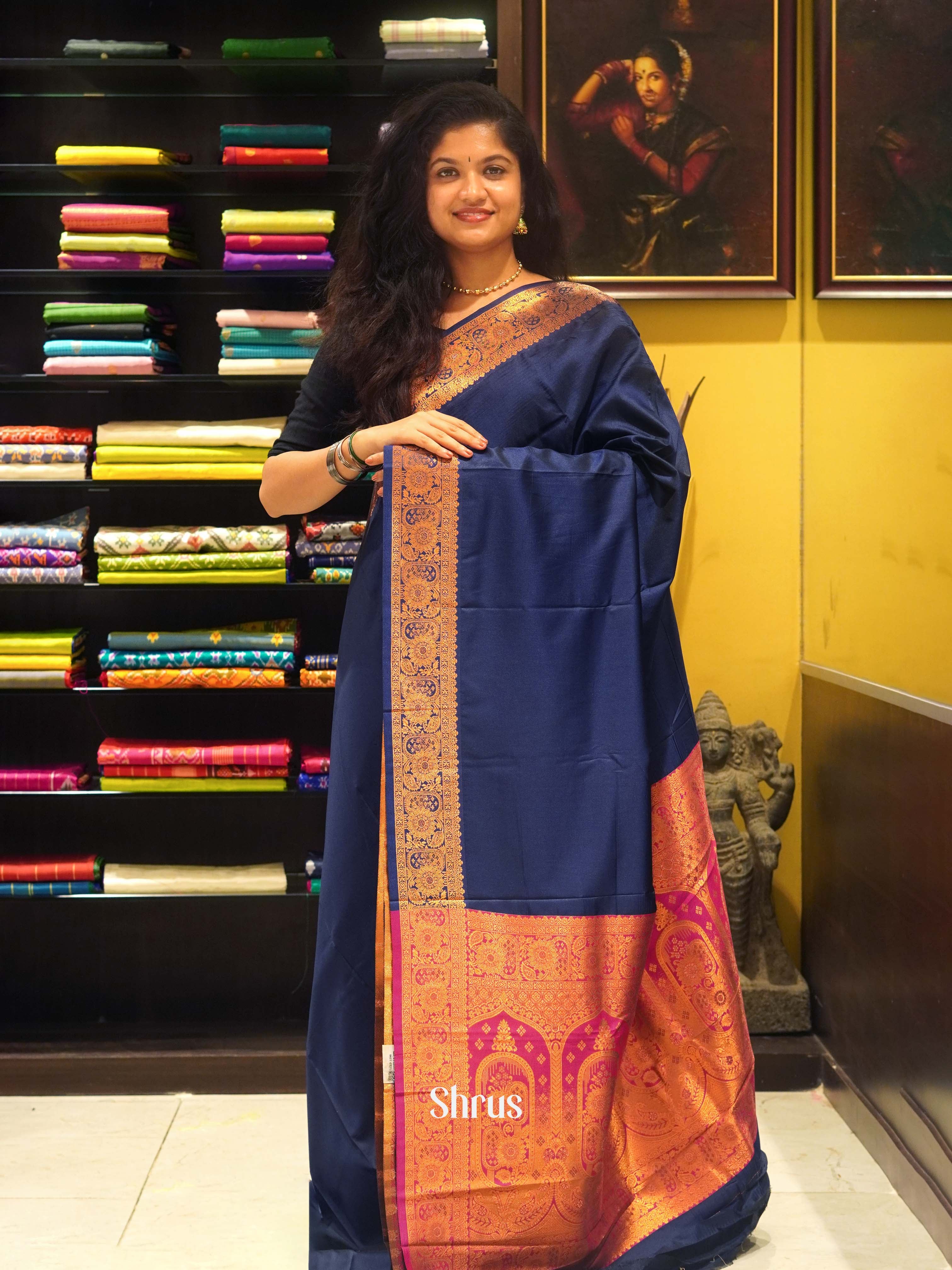 Blue and pink - Semi Kanchipuram Saree - Shop on ShrusEternity.com