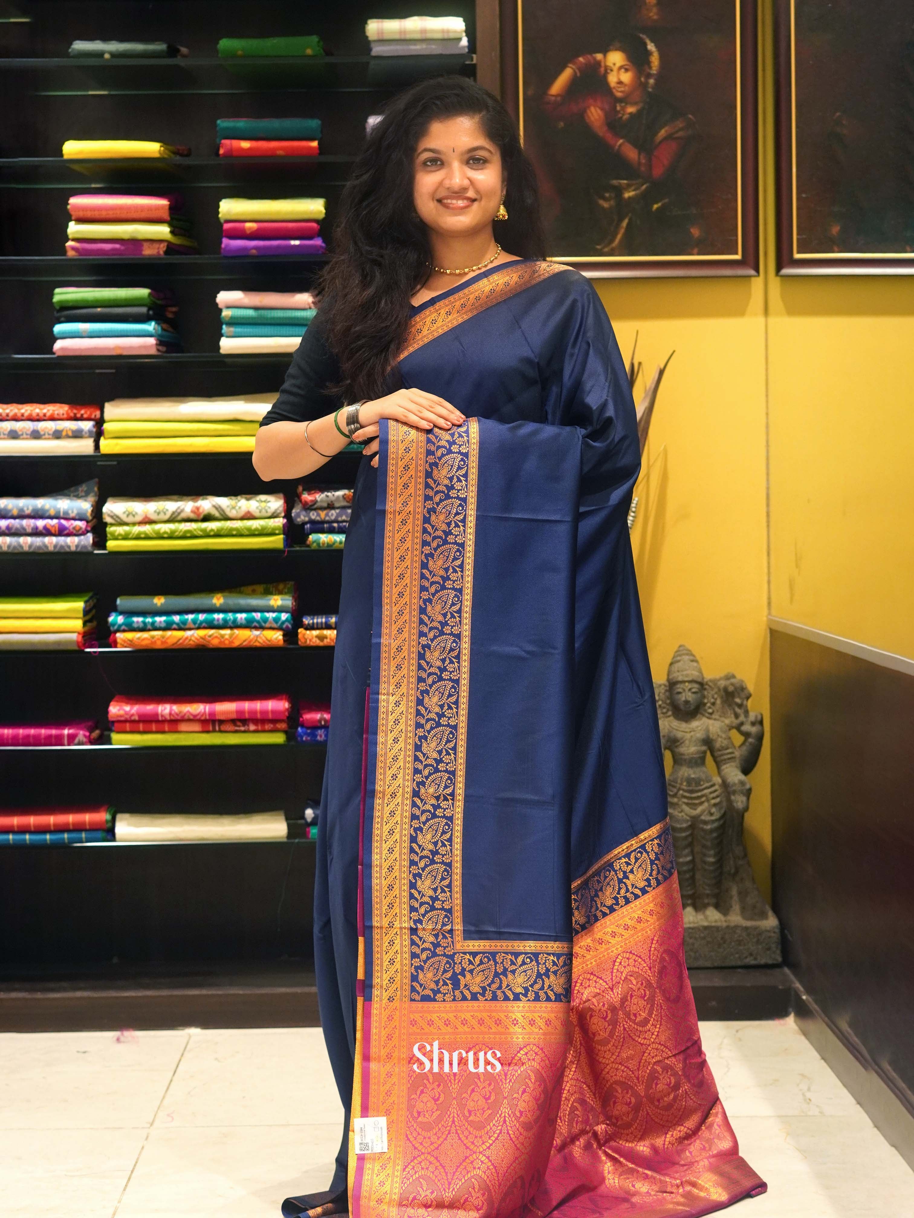 Blue and Pink - Semi Kanchipuram Saree - Shop on ShrusEternity.com
