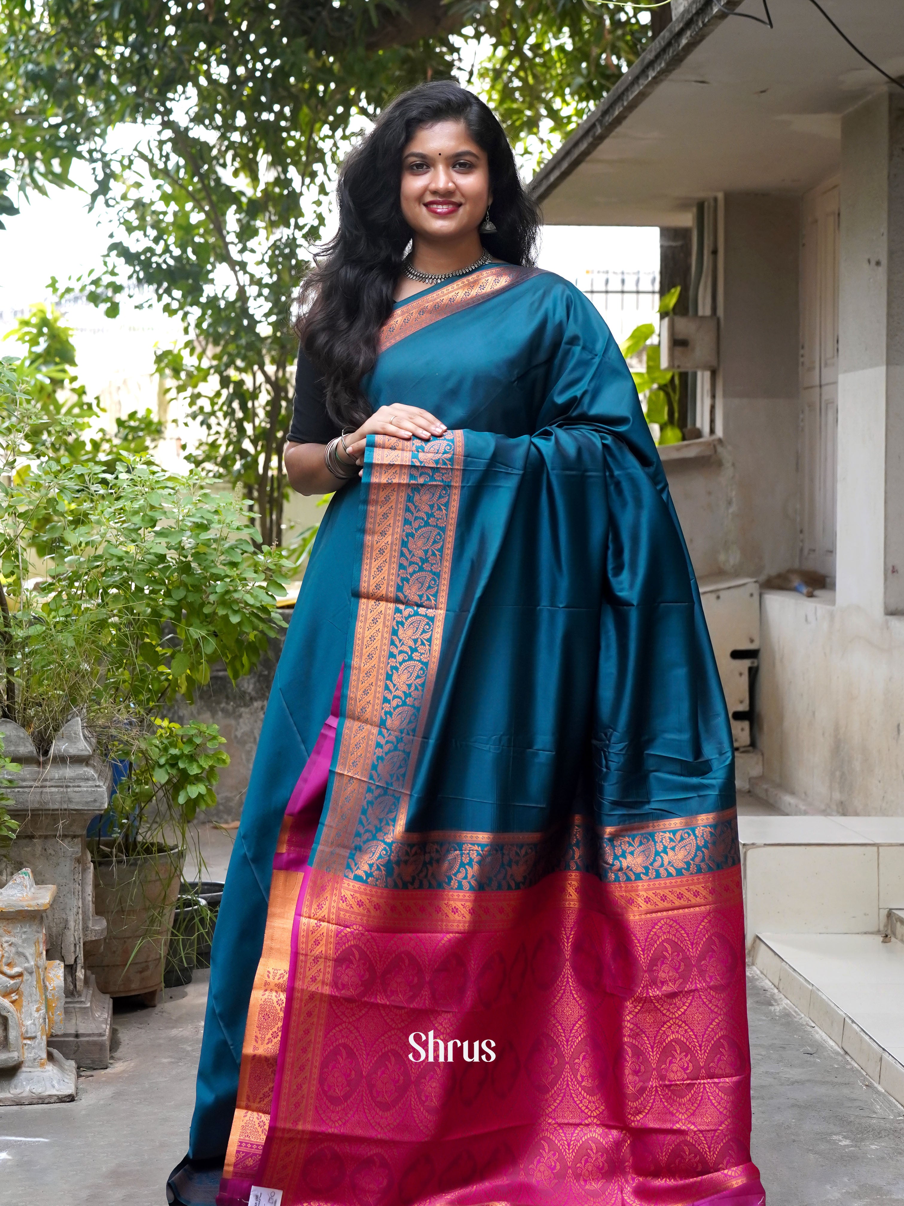 Peacock Green & Pink- Semi Kanchipuram Saree - Shop on ShrusEternity.com