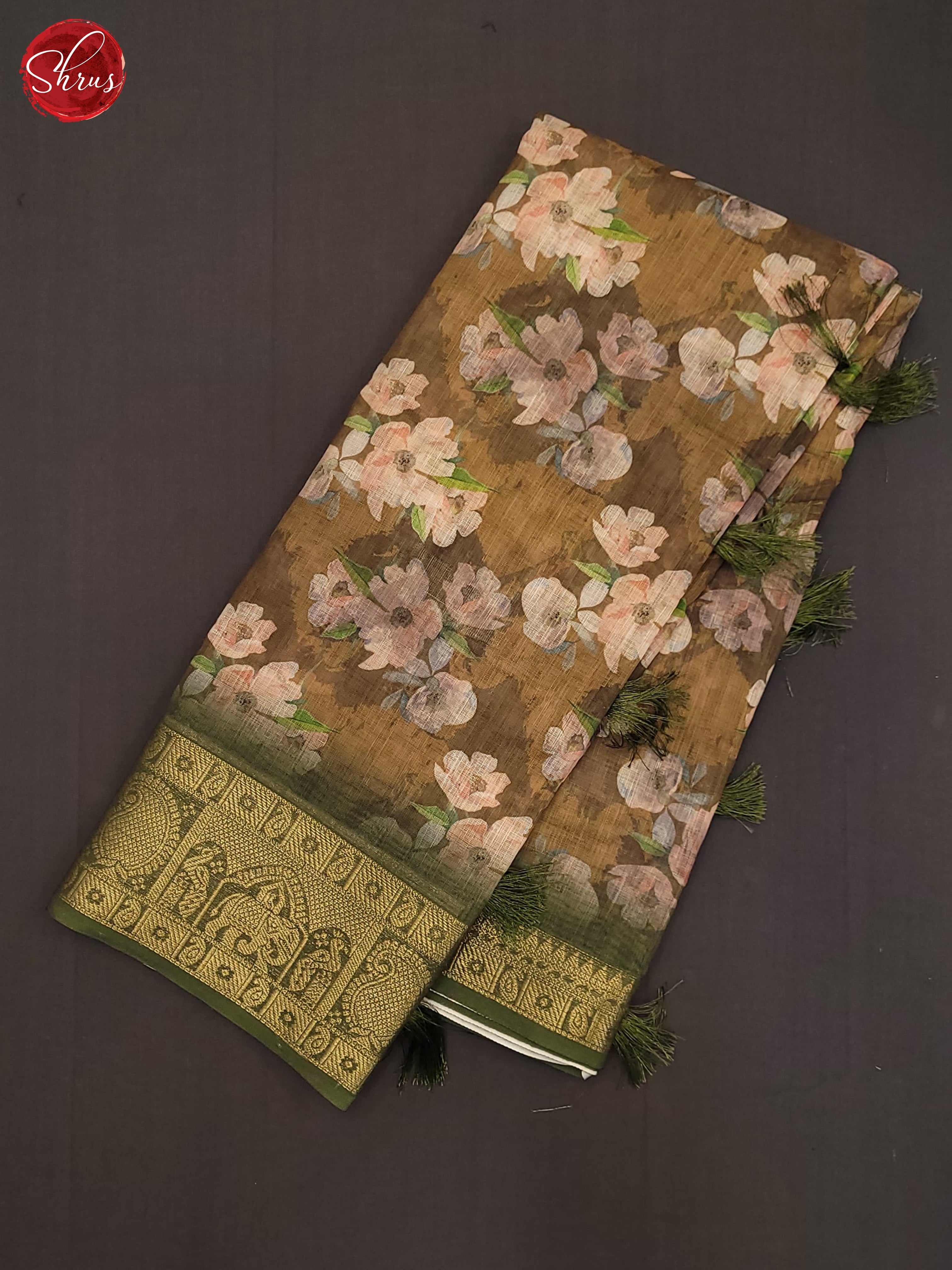 Mehandi Green & Green- Art Linen Saree - Shop on ShrusEternity.com