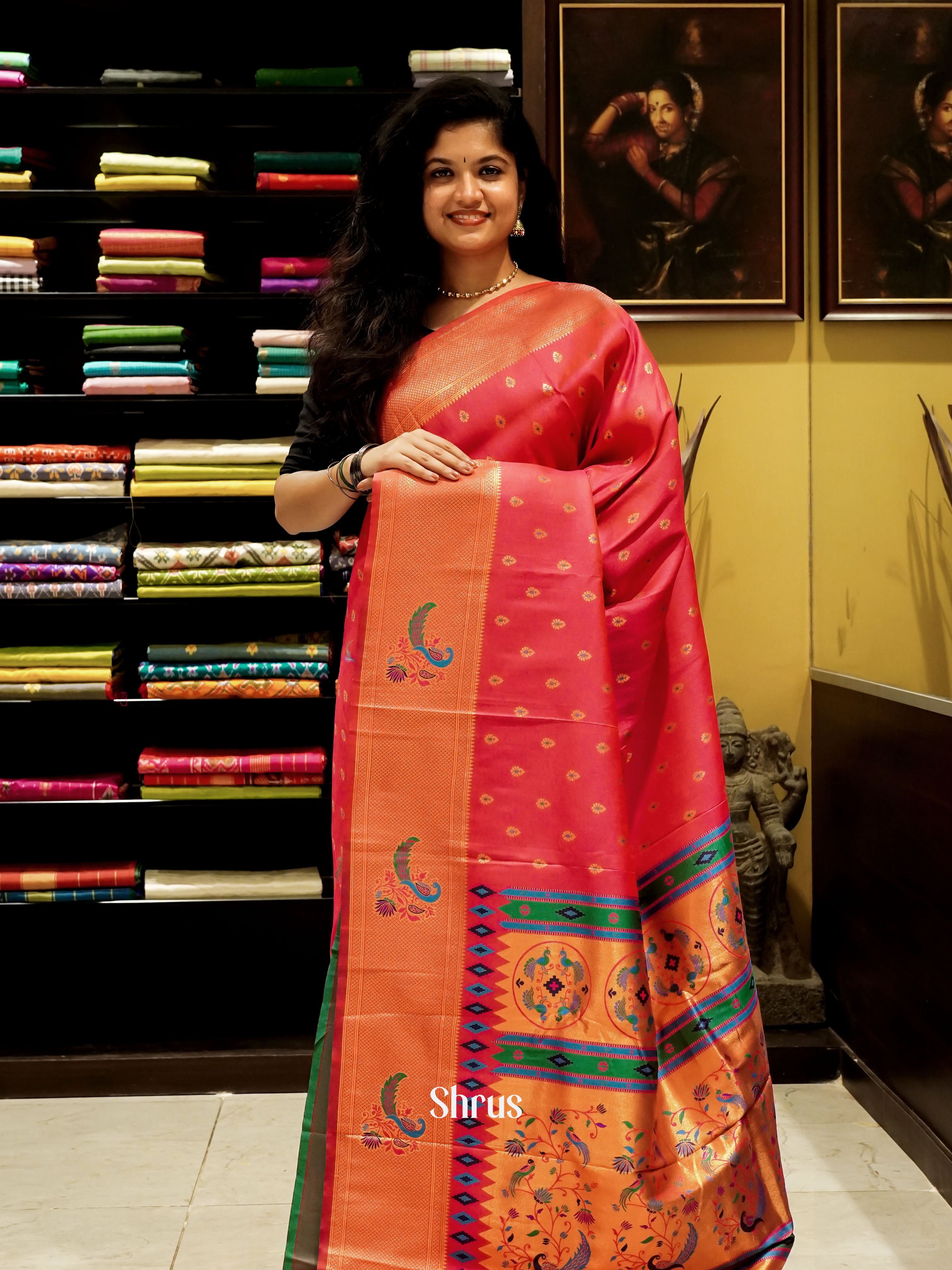 Pink & Green - Semi Paithani Saree - Shop on ShrusEternity.com