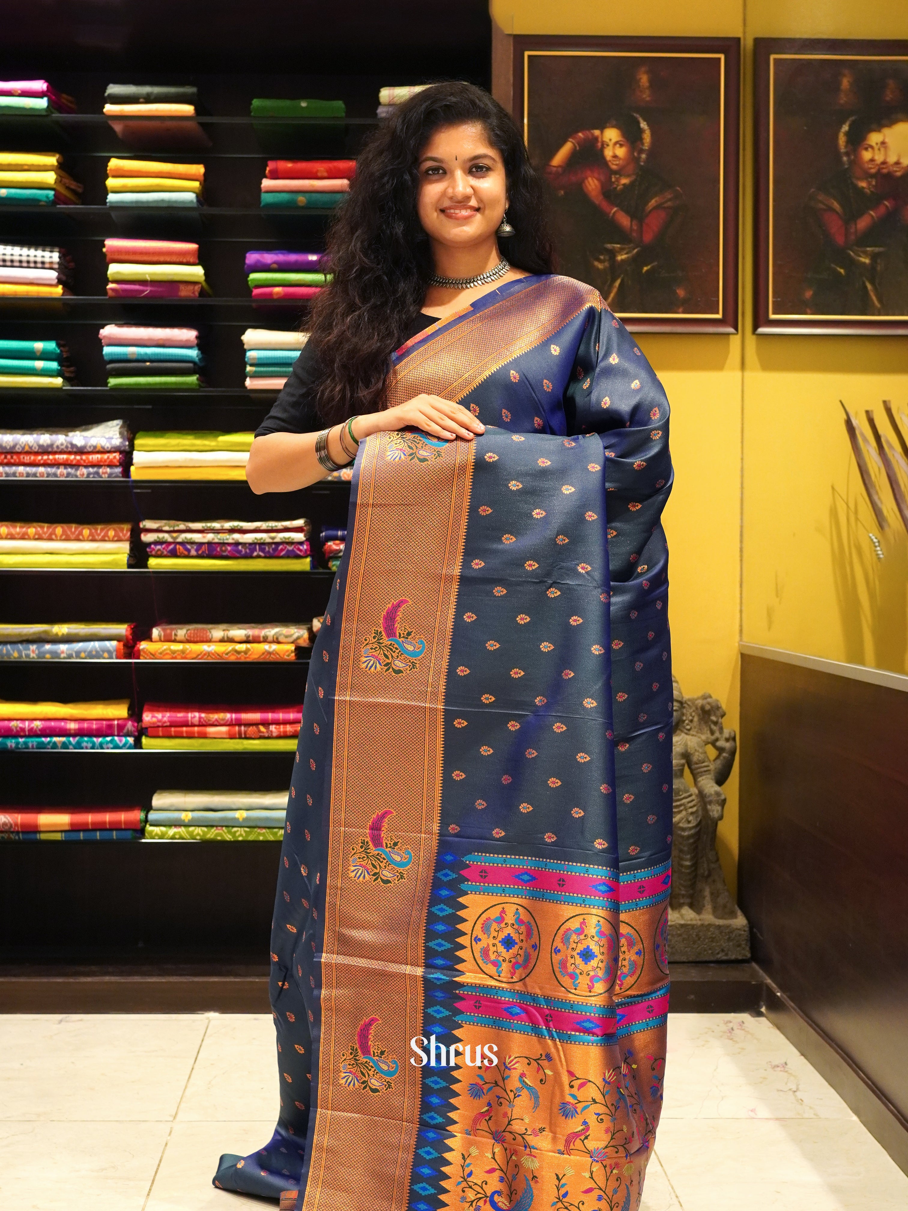 Peacock Blue & Pink- Semi Paithani Saree - Shop on ShrusEternity.com