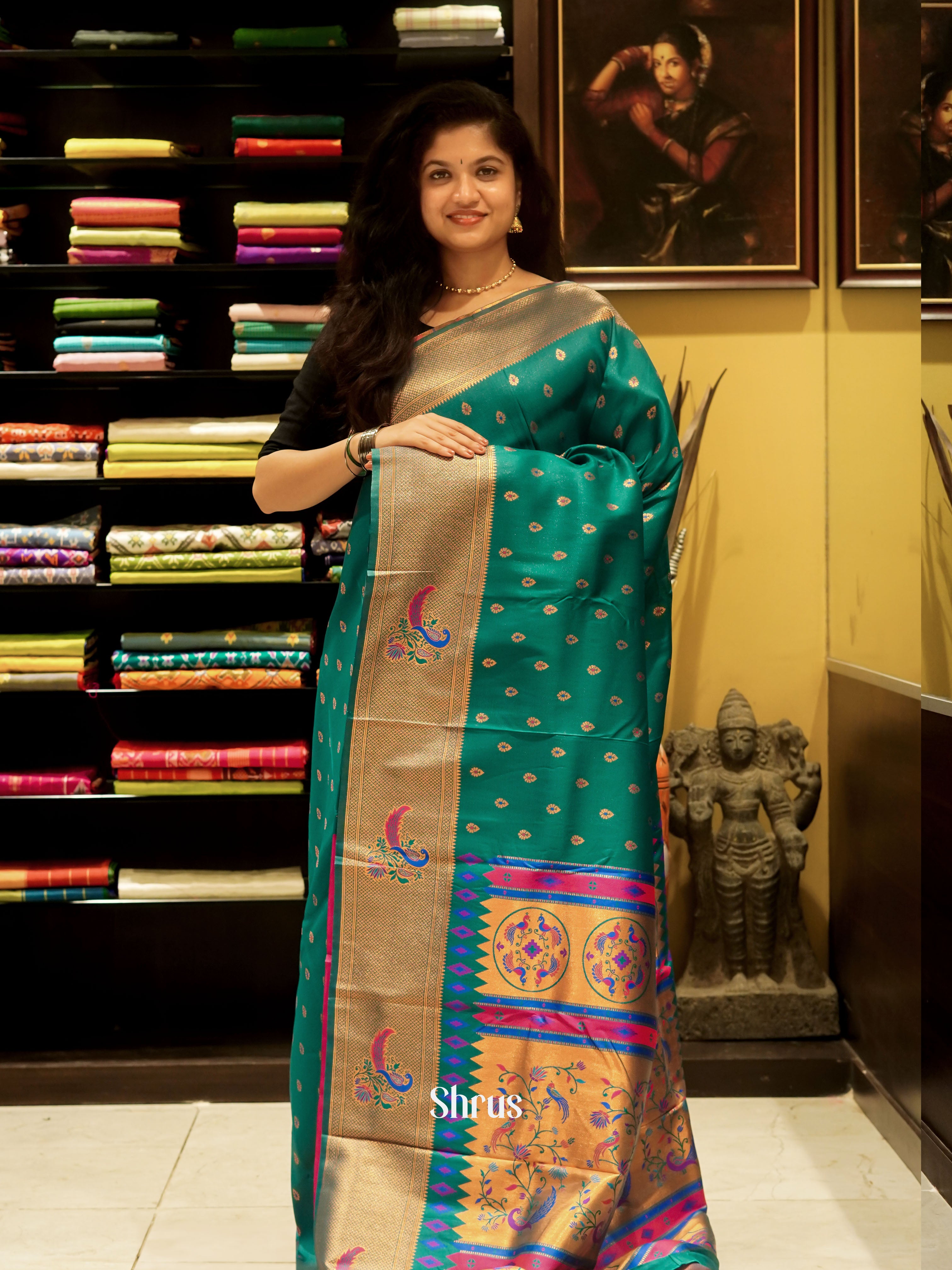 Green And Pink-Semi Paithani saree - Shop on ShrusEternity.com