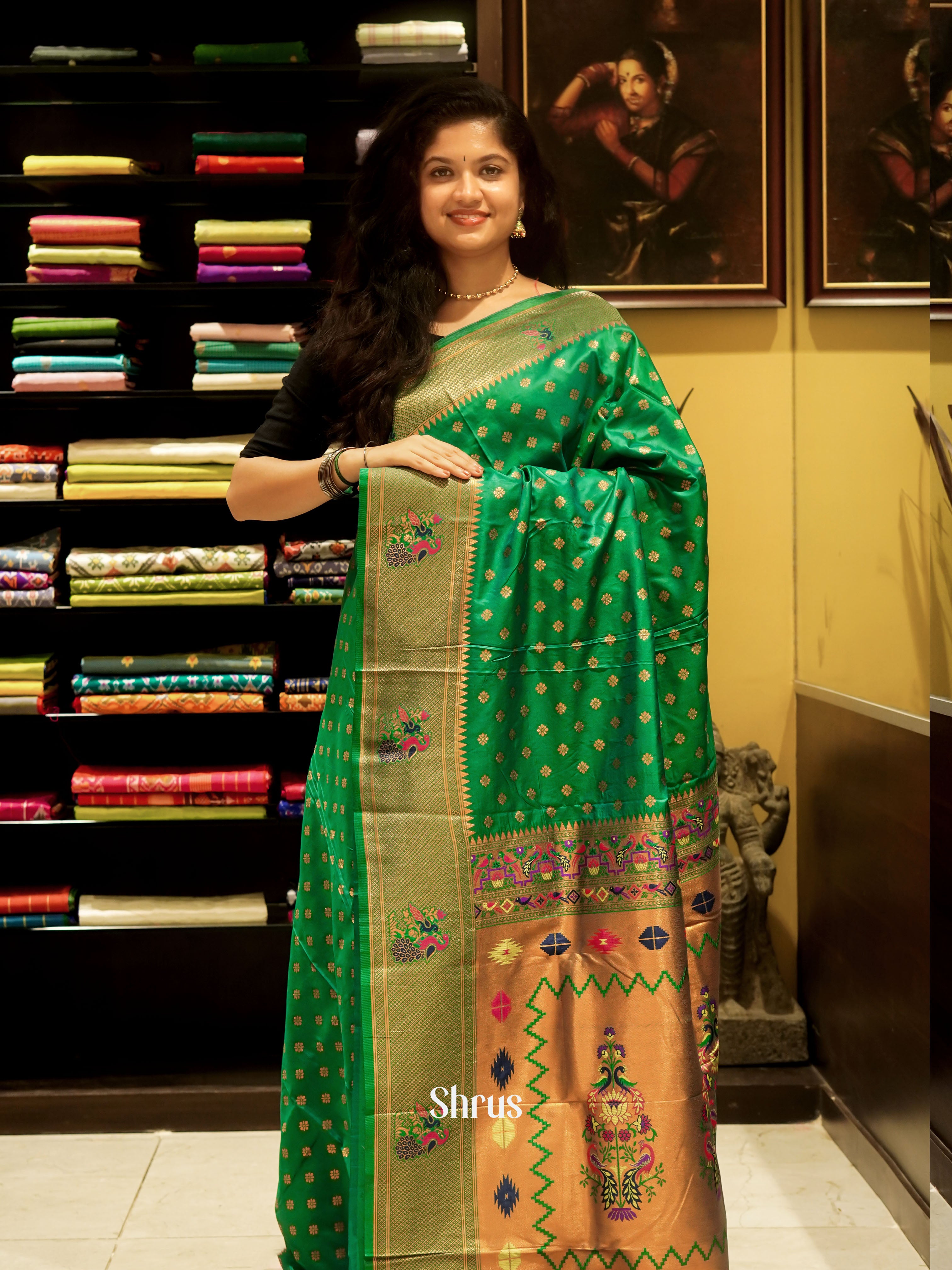 Green(Single Tone) - Semi Paithani Saree - Shop on ShrusEternity.com