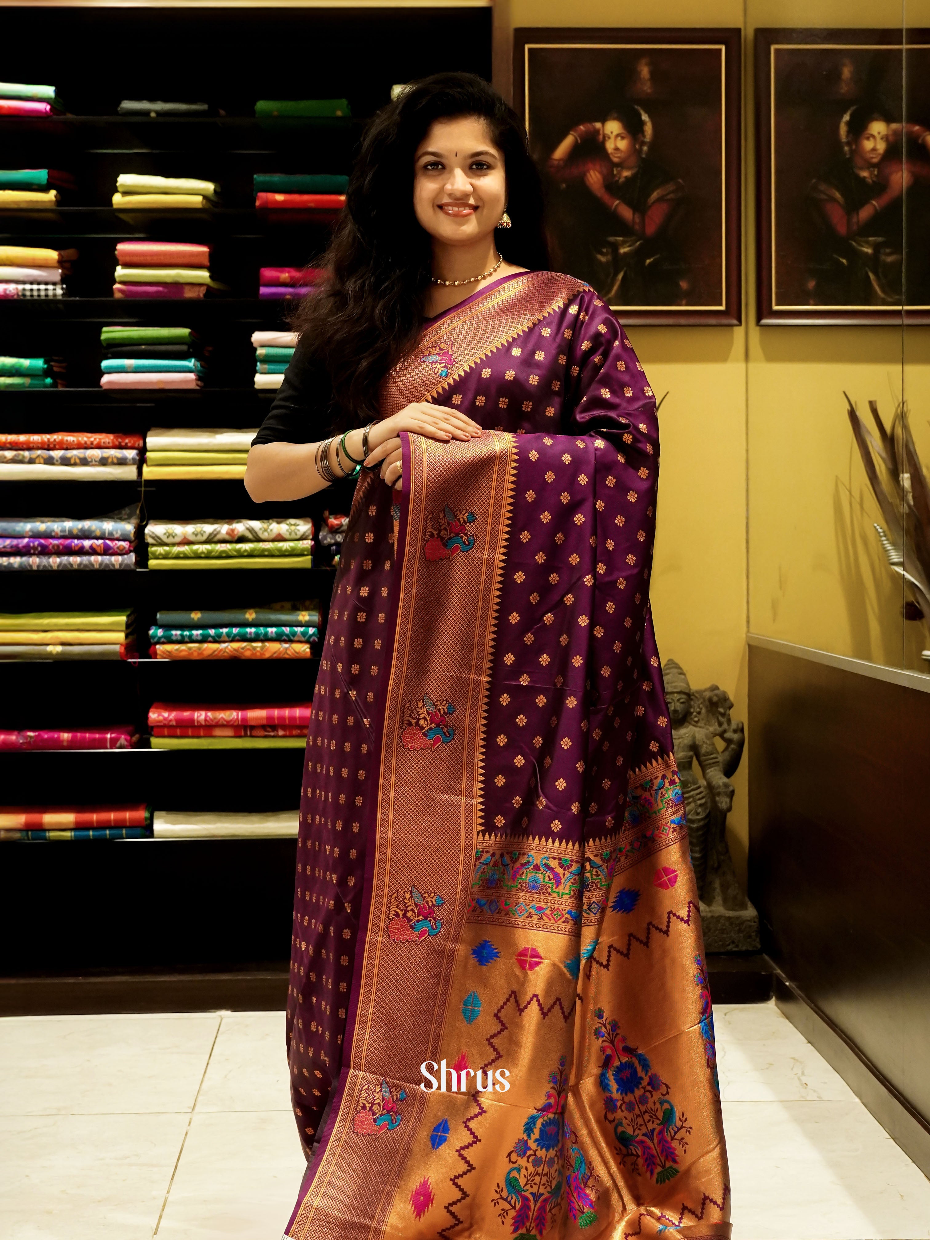 Deep wine(Single tone)-Semi Paithani saree - Shop on ShrusEternity.com