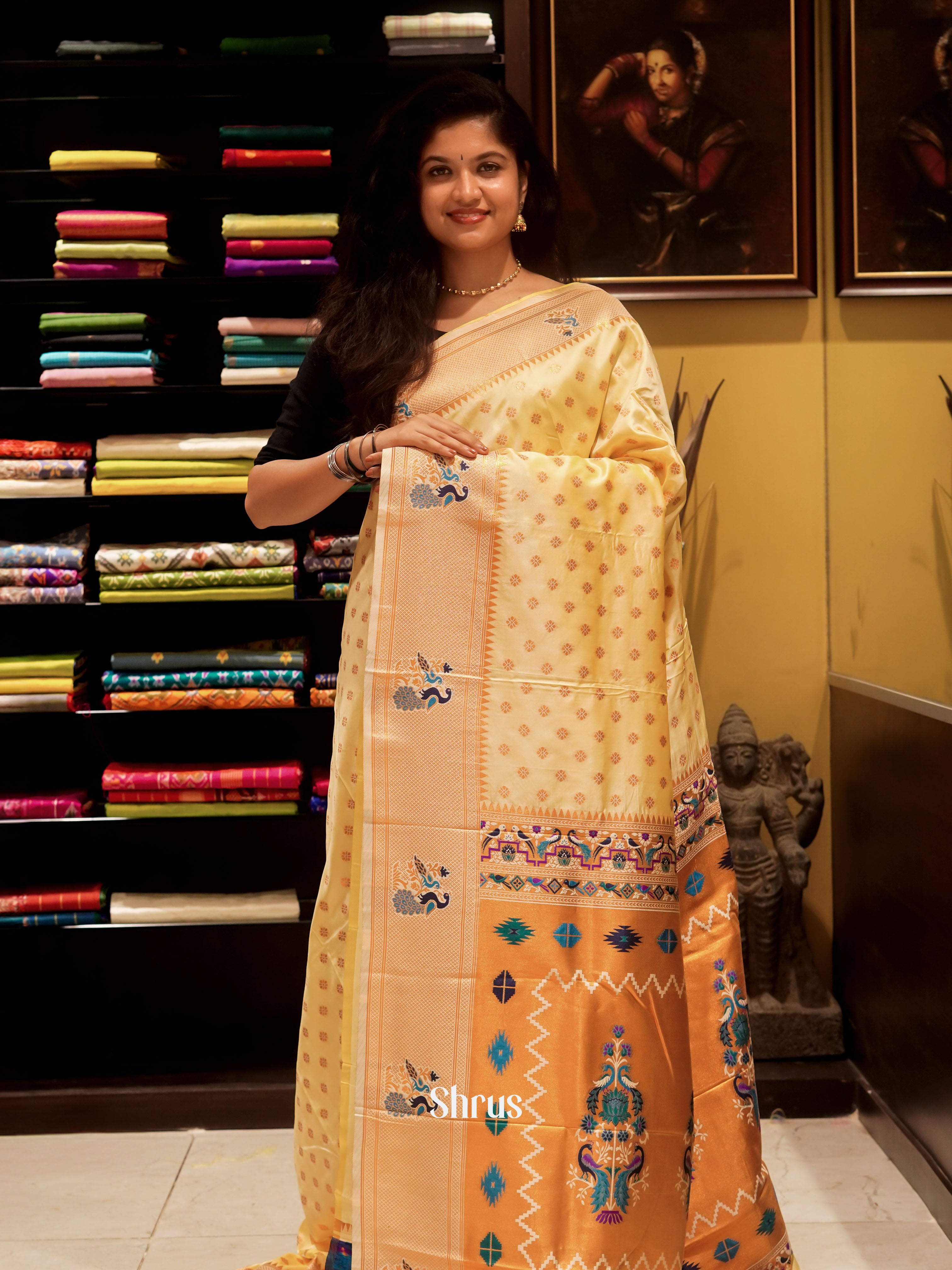 Cream(Single Tone)- Semi Paithani Saree - Shop on ShrusEternity.com