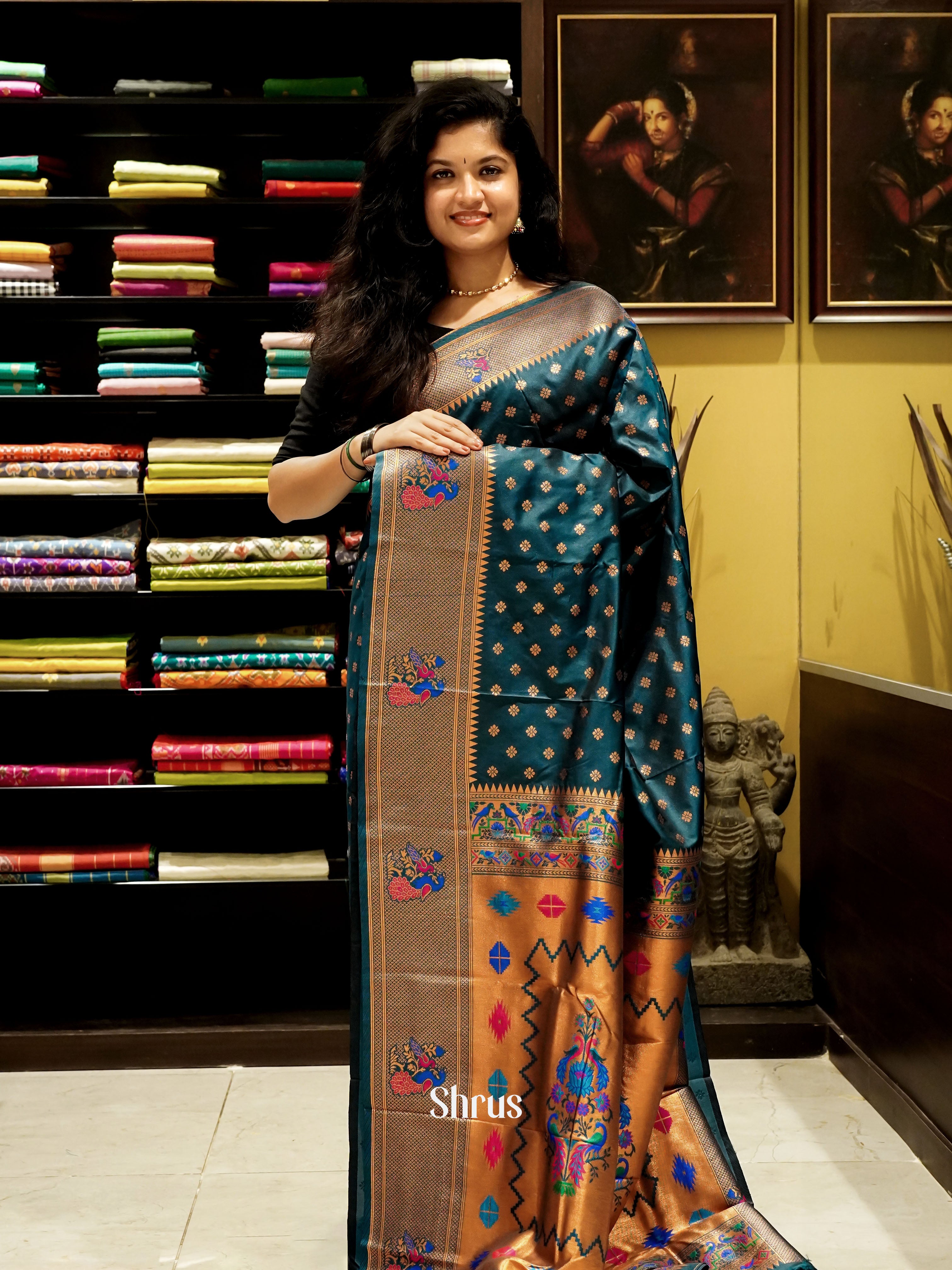 Peacock Green(Single Tone) - Semi Paithani Saree - Shop on ShrusEternity.com