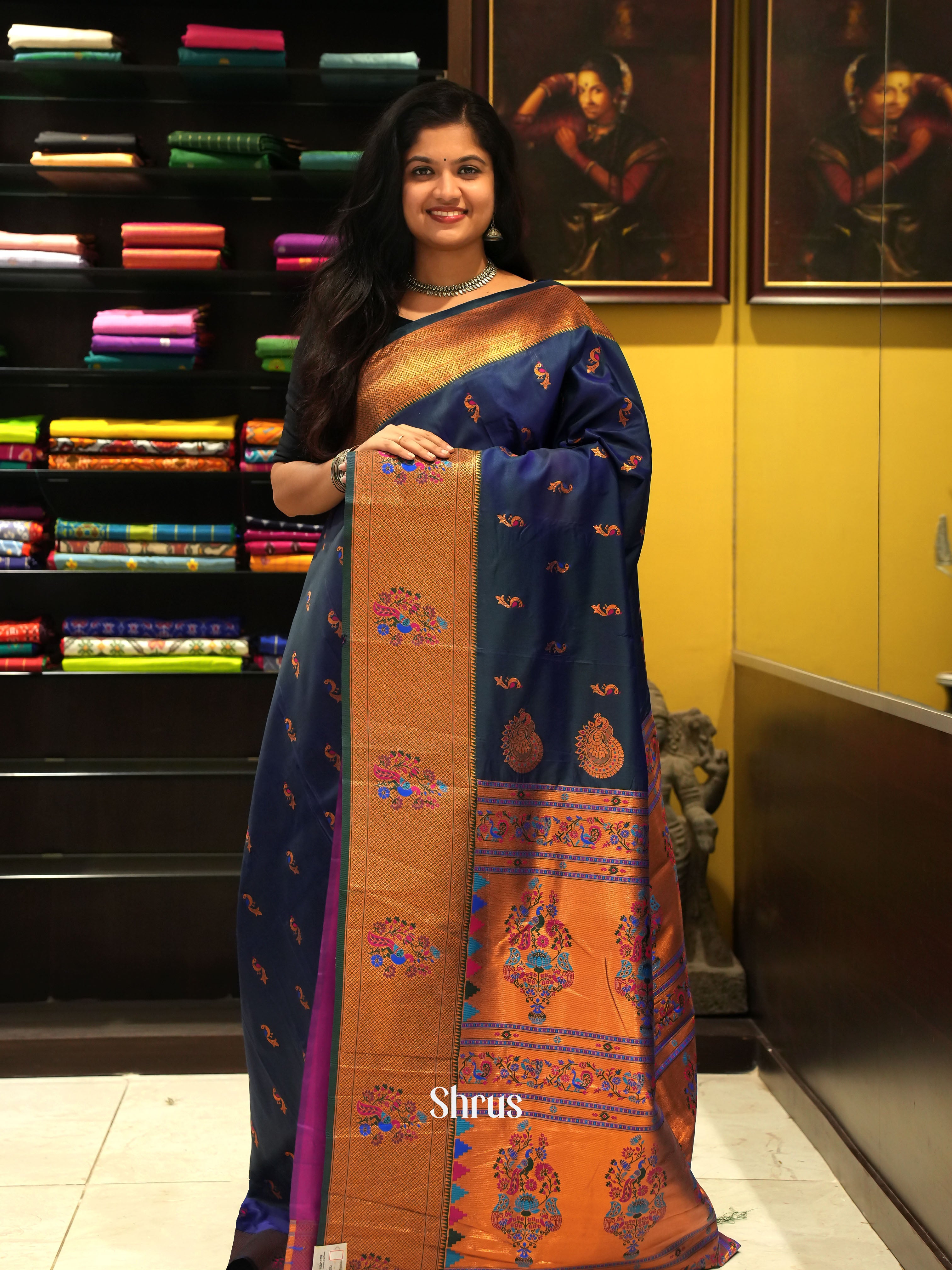 Peacock Blue & Pink- Semi Paithani Saree - Shop on ShrusEternity.com