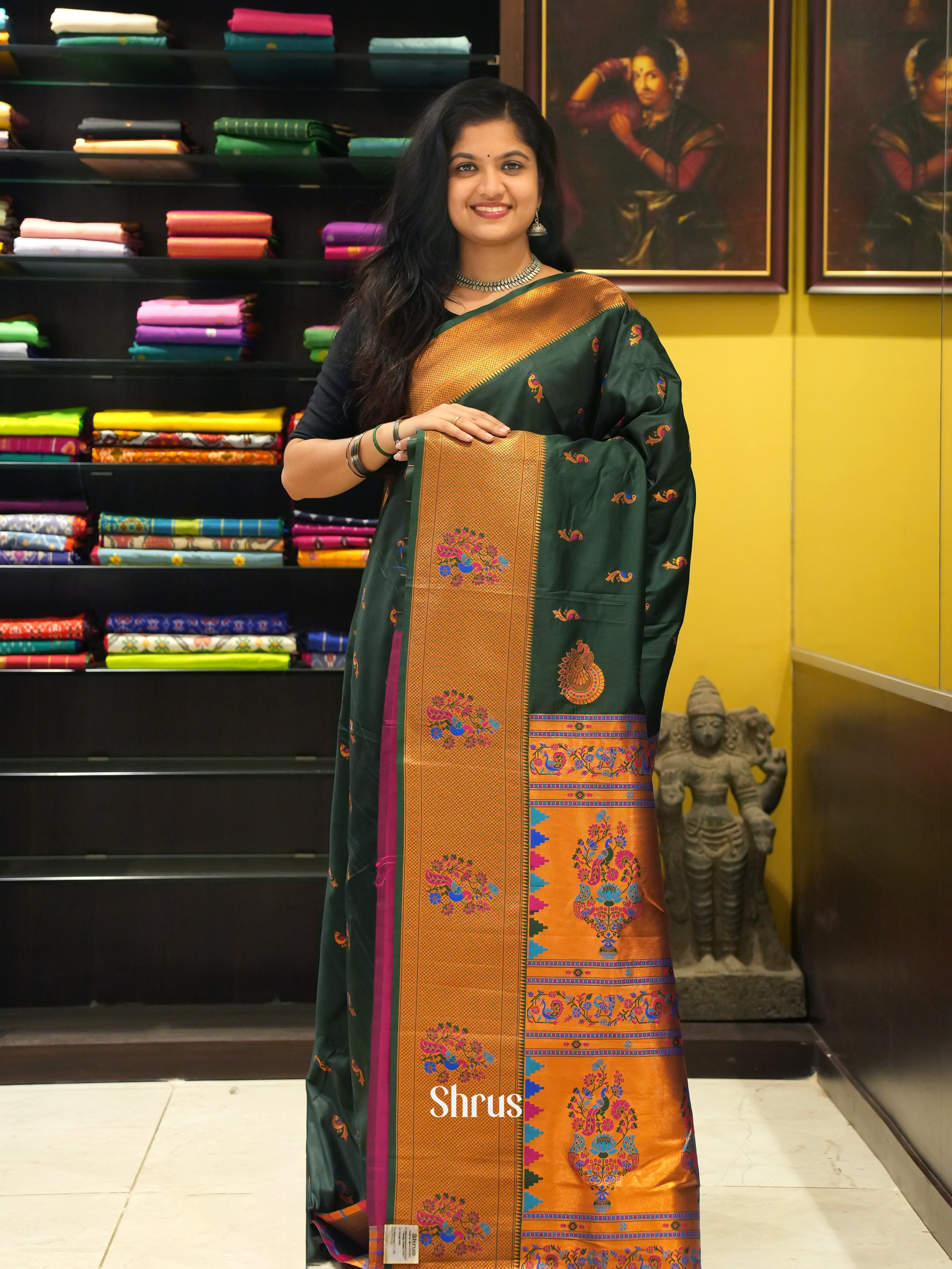 Green and pink-Semi Paithani saree - Shop on ShrusEternity.com