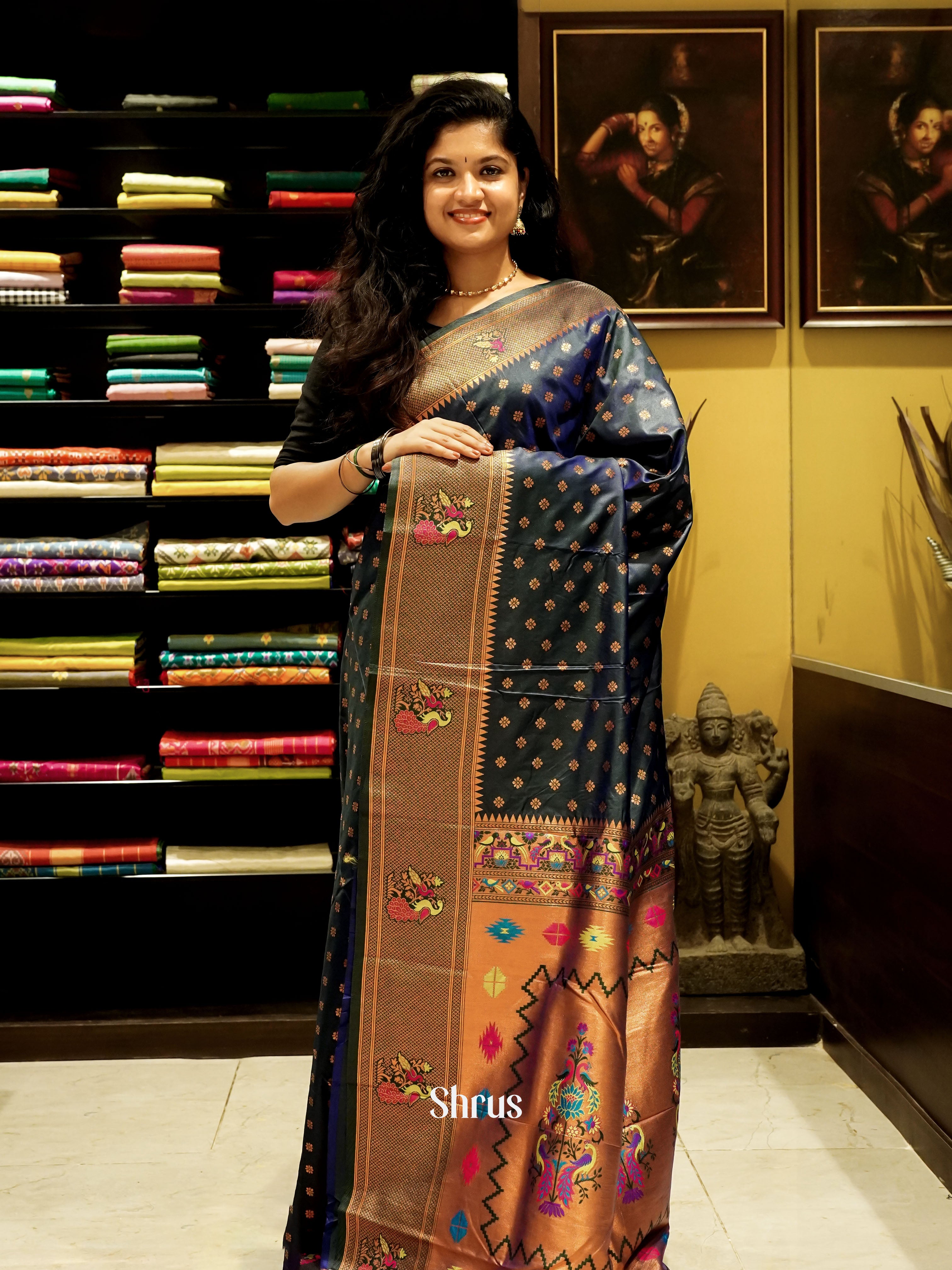 Peacock Blue(Single Tone) - Semi Paithani Saree - Shop on ShrusEternity.com