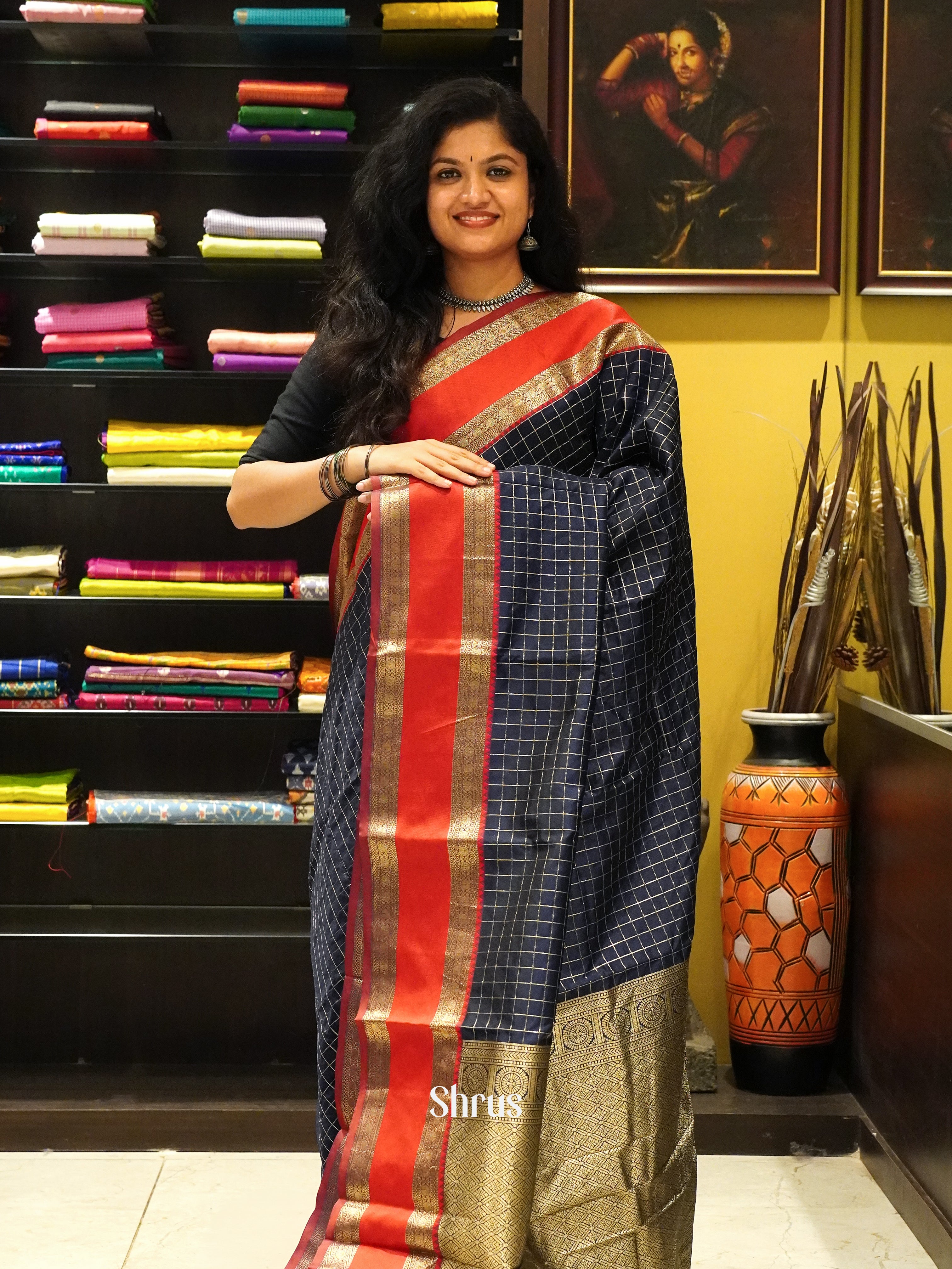 Blue & Red - Semi Dupion Saree - Shop on ShrusEternity.com