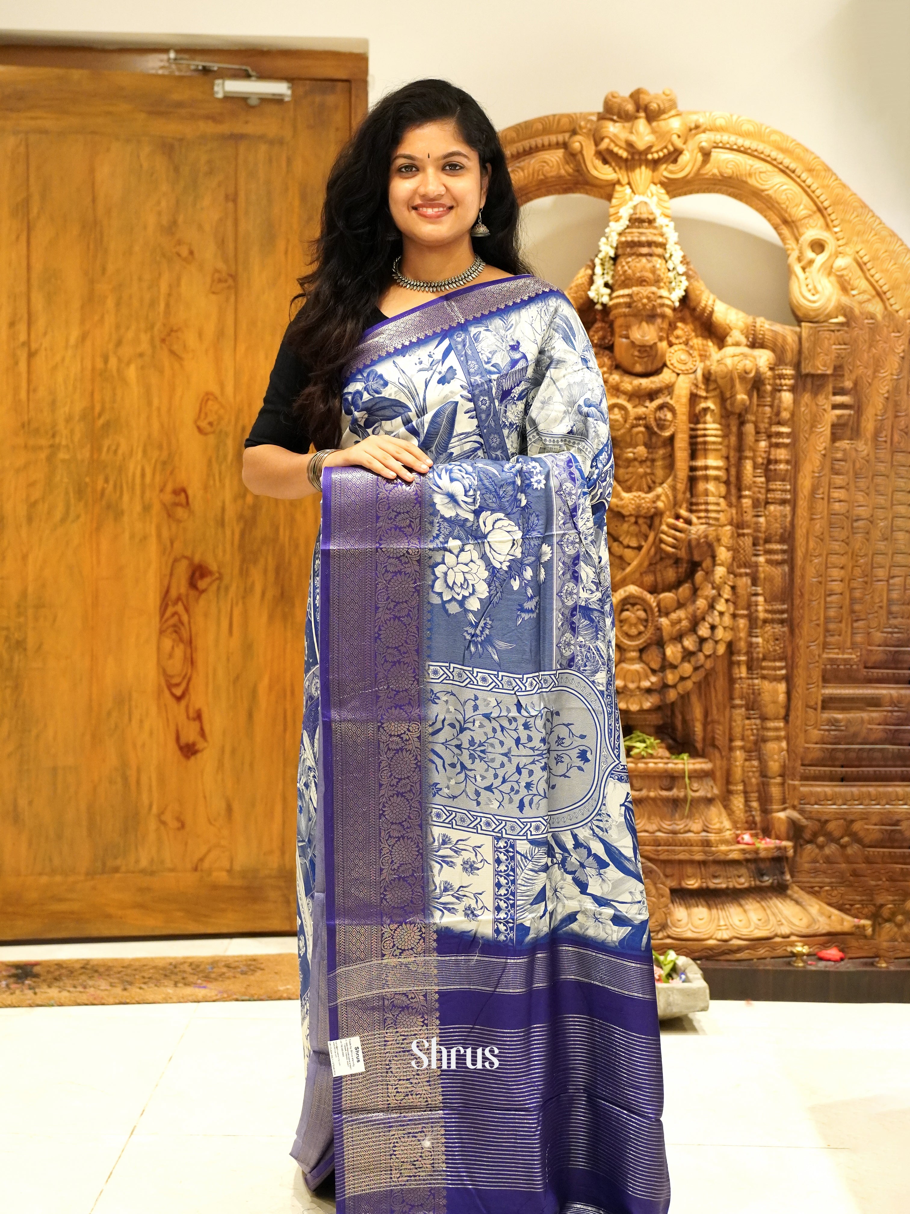 cream and blue - Semi Crepe Saree - Shop on ShrusEternity.com