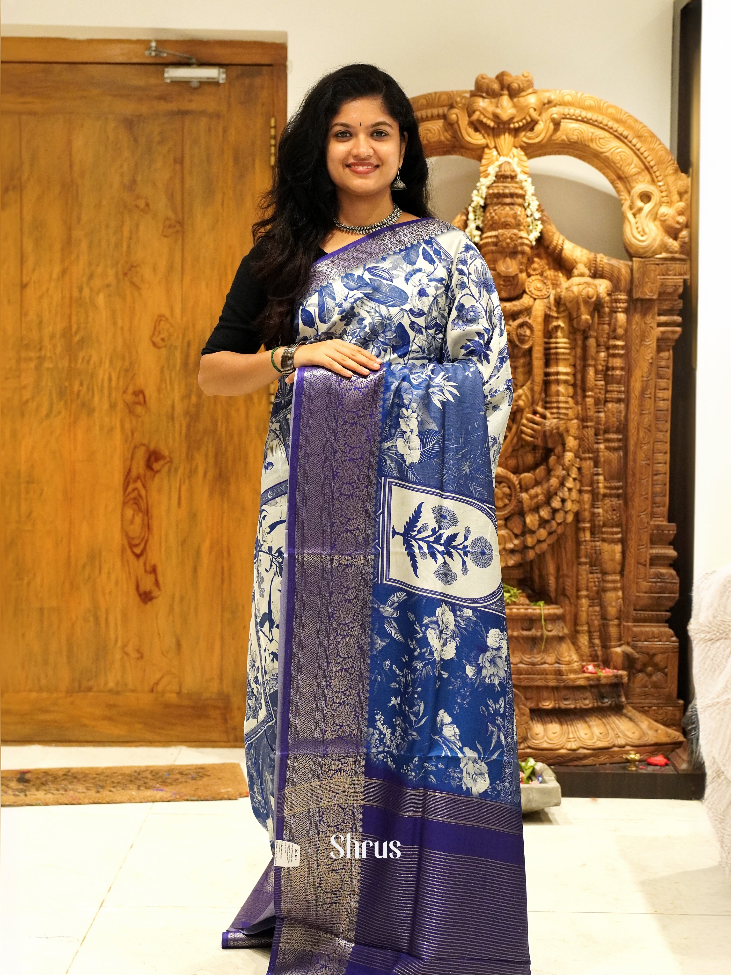 Blue& White - Semi Crepe Saree - Shop on ShrusEternity.com