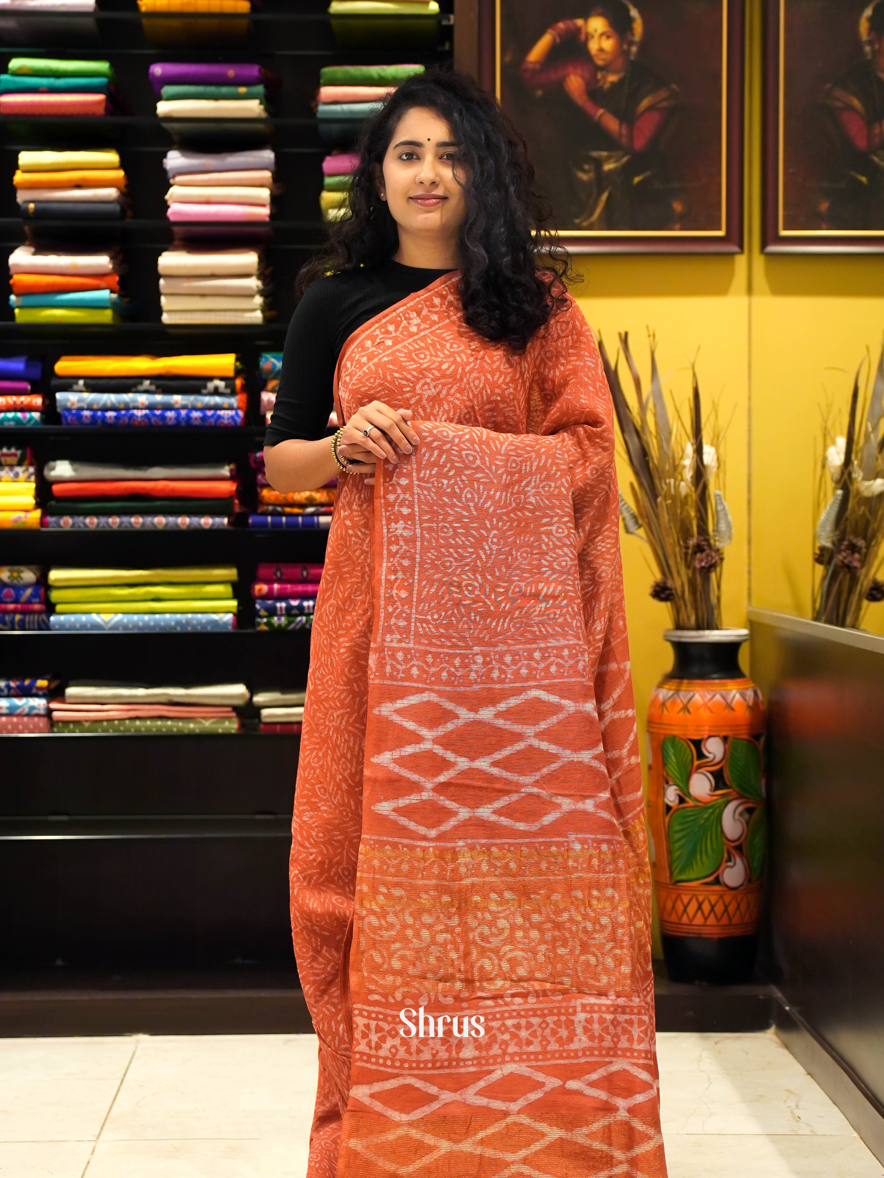 Brick Orange(Single Tone) - Chanderi Saree - Shop on ShrusEternity.com