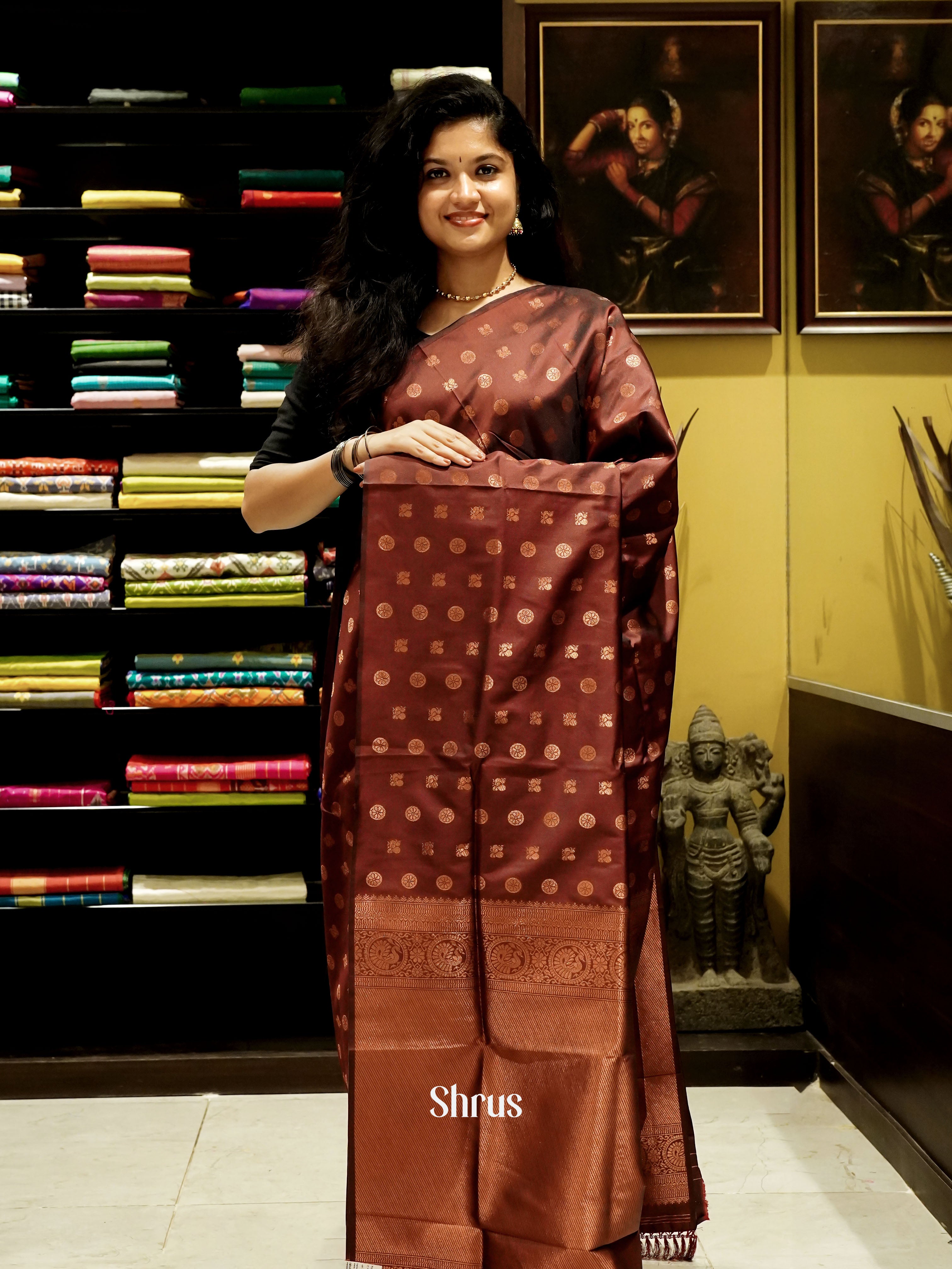 brown(Single Tone)- Semi Kanchipuram Saree - Shop on ShrusEternity.com