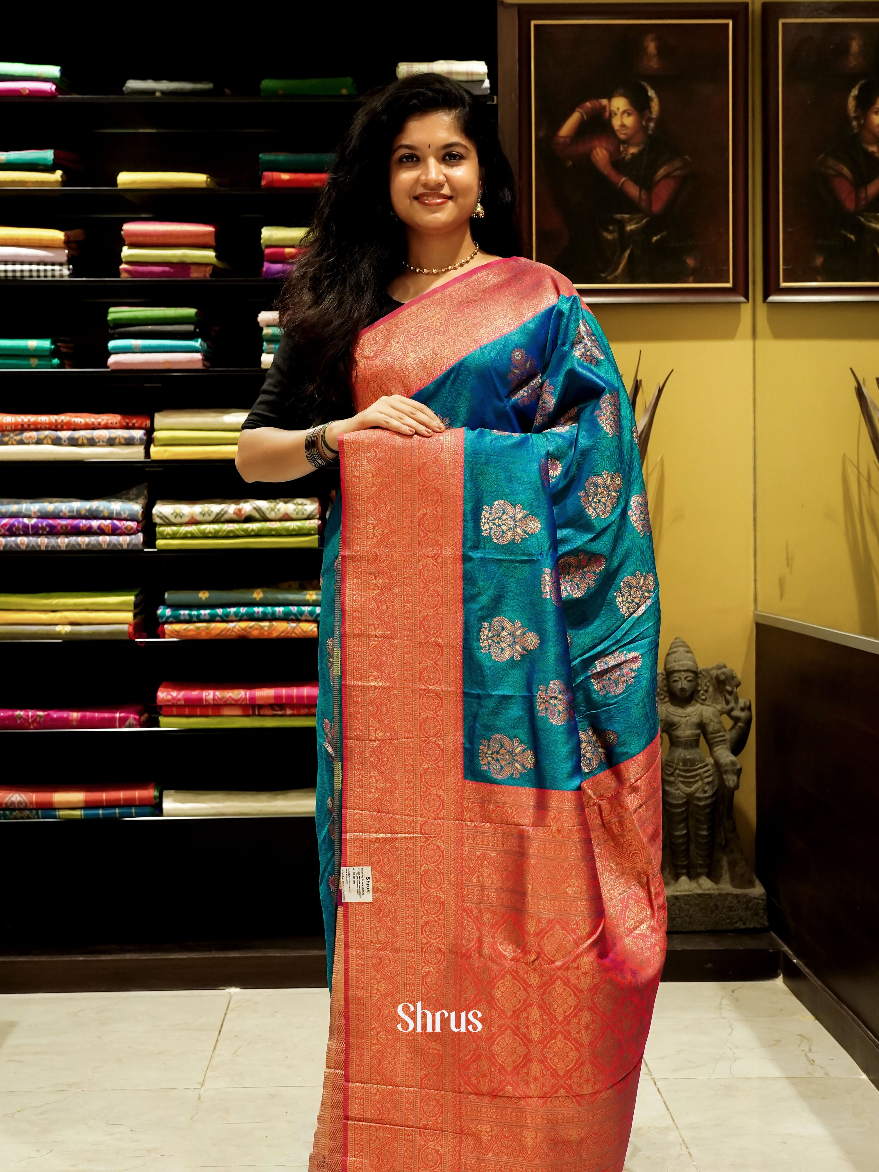 Blue And Pink-Semi Kanchipuram saree - Shop on ShrusEternity.com