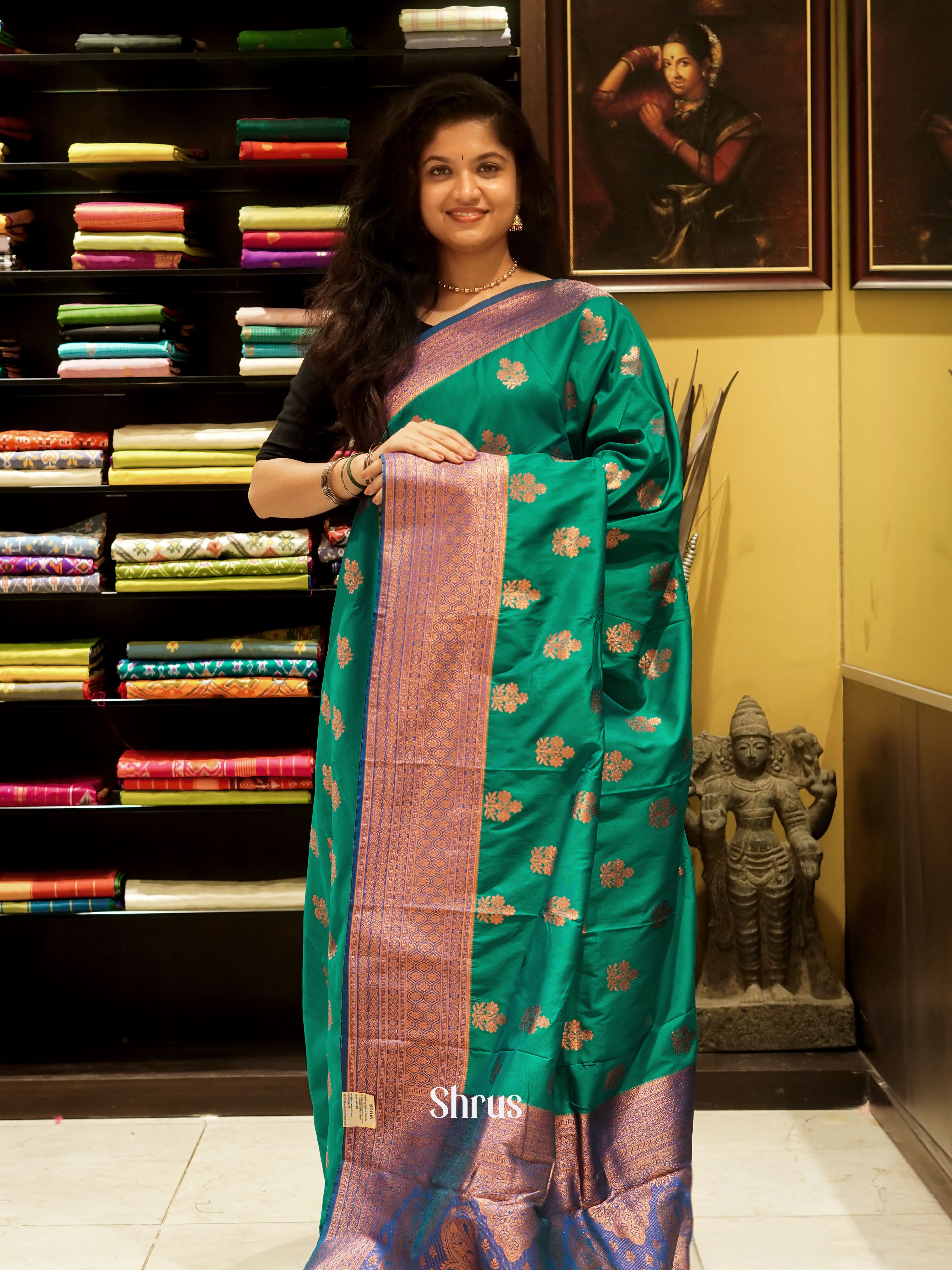 Green And Blue-Semi Kanchipuram Saree - Shop on ShrusEternity.com