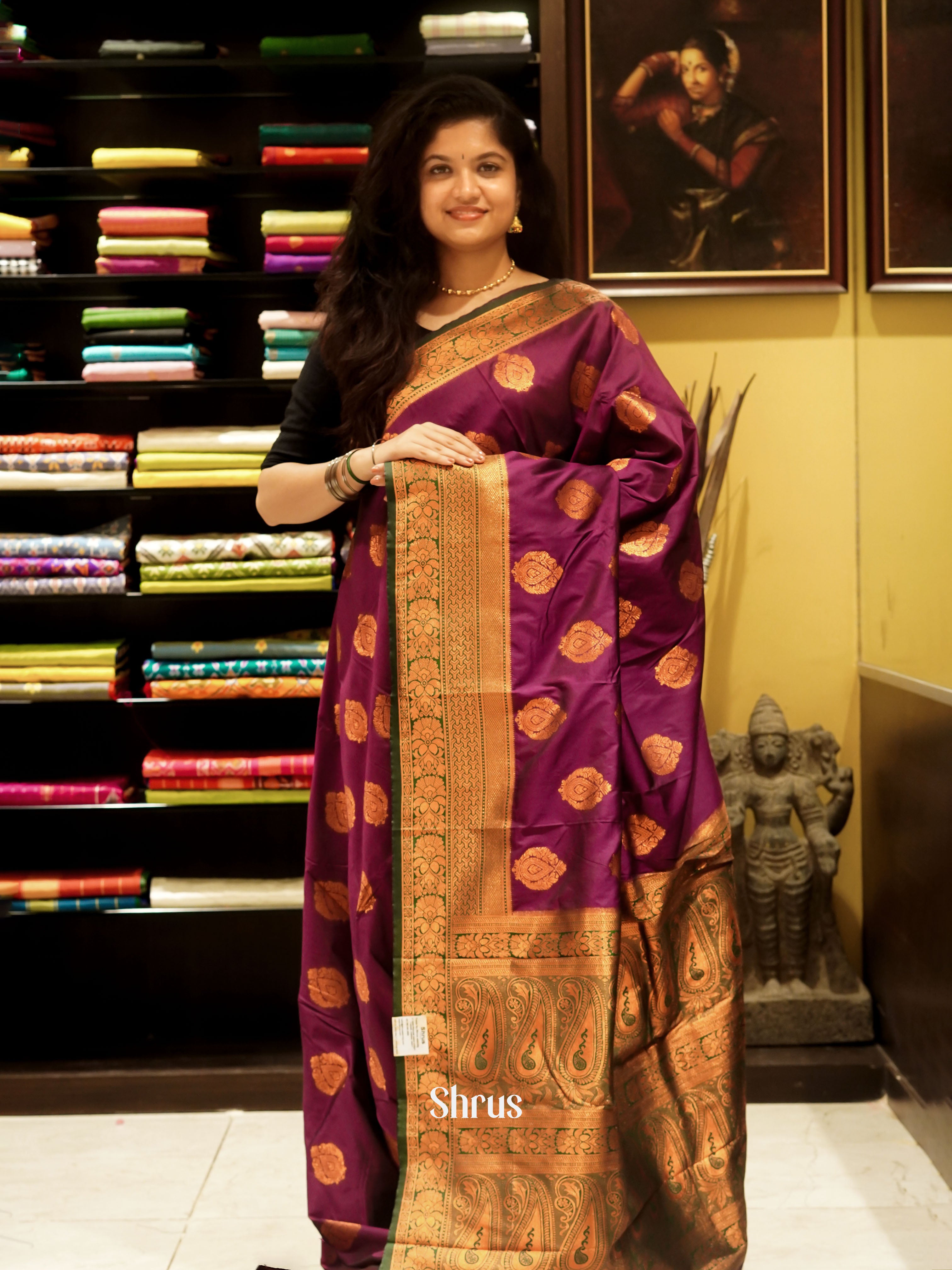 Wine And Green- Semi kanchipuram saree - Shop on ShrusEternity.com