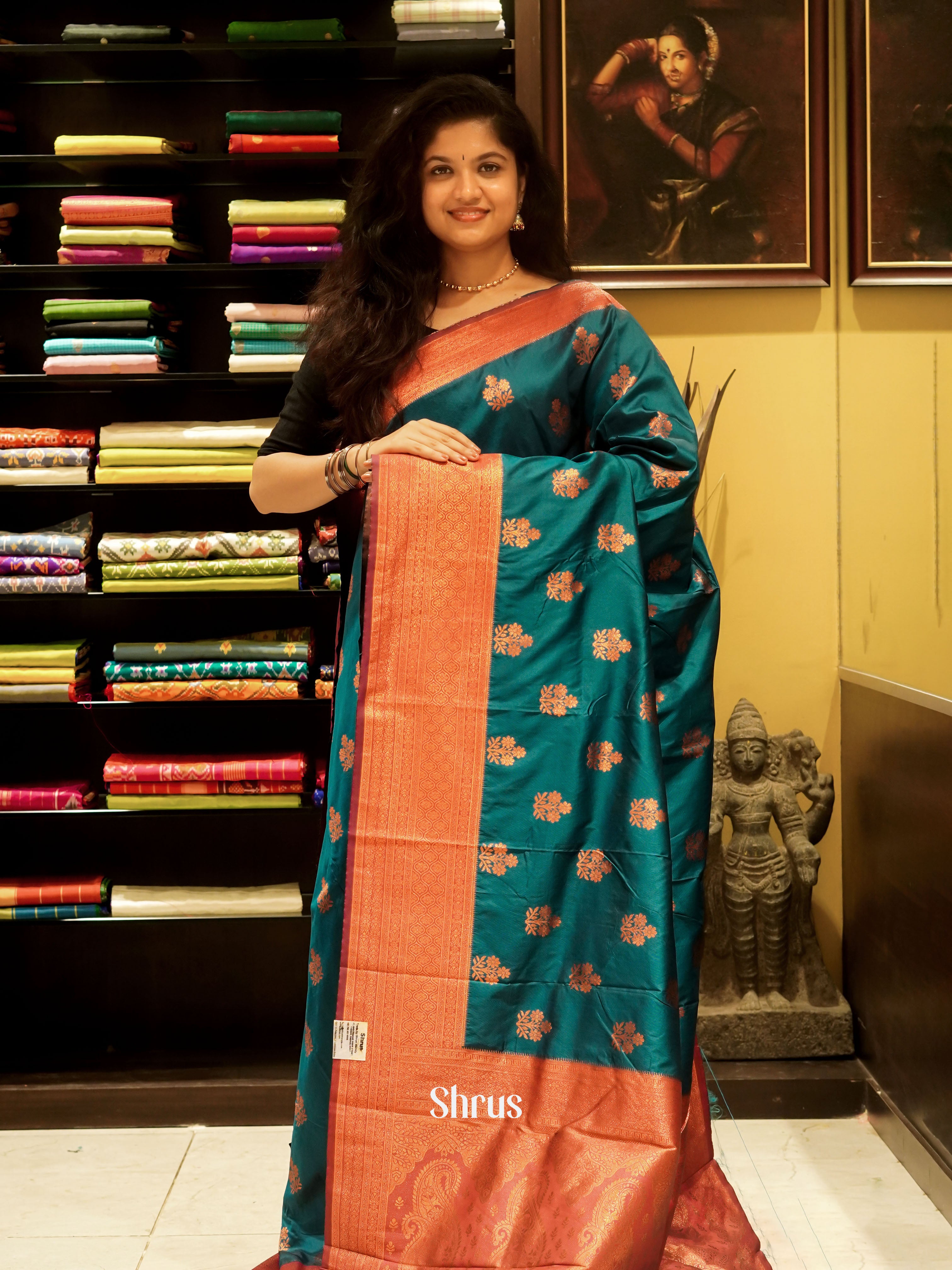 Peacock Neck And Pink- Semi kanchipuram Saree - Shop on ShrusEternity.com