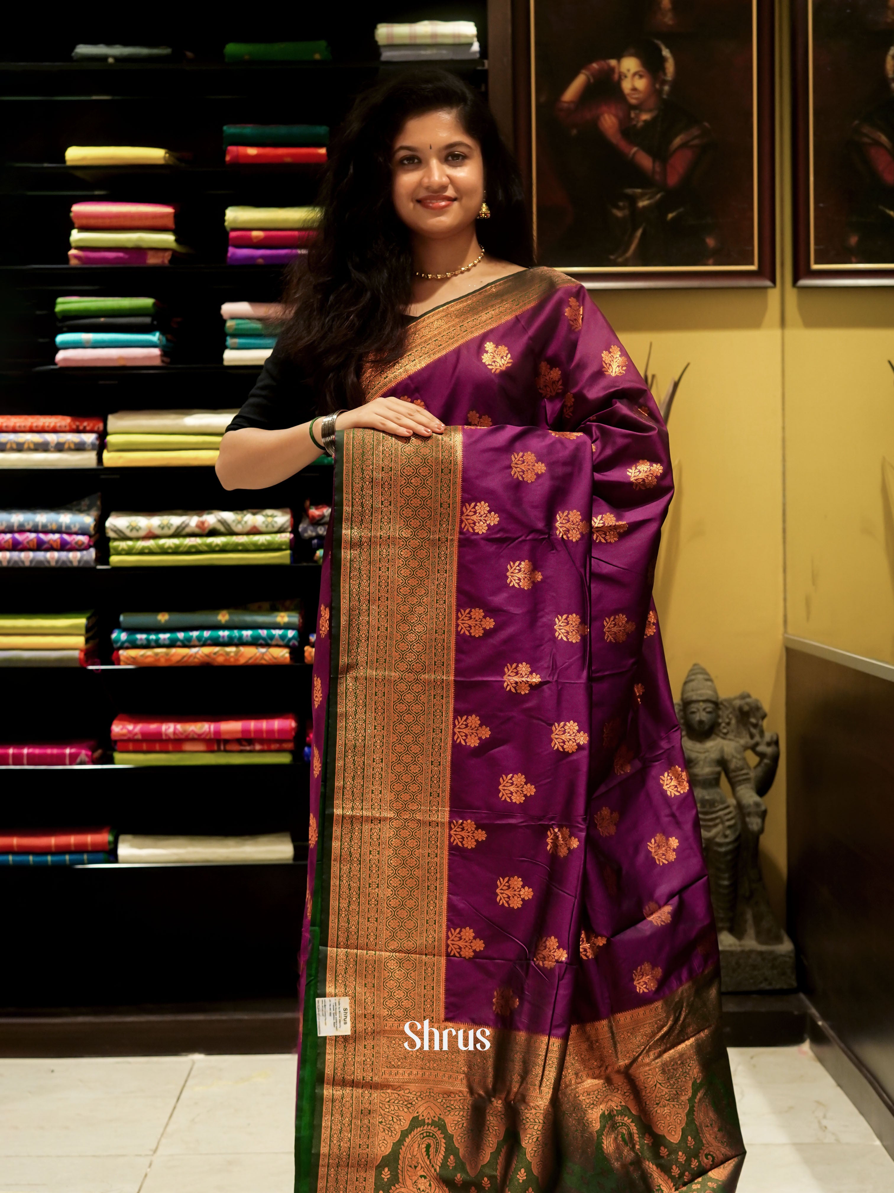 Wine And Green- Semi kanchipuram saree - Shop on ShrusEternity.com