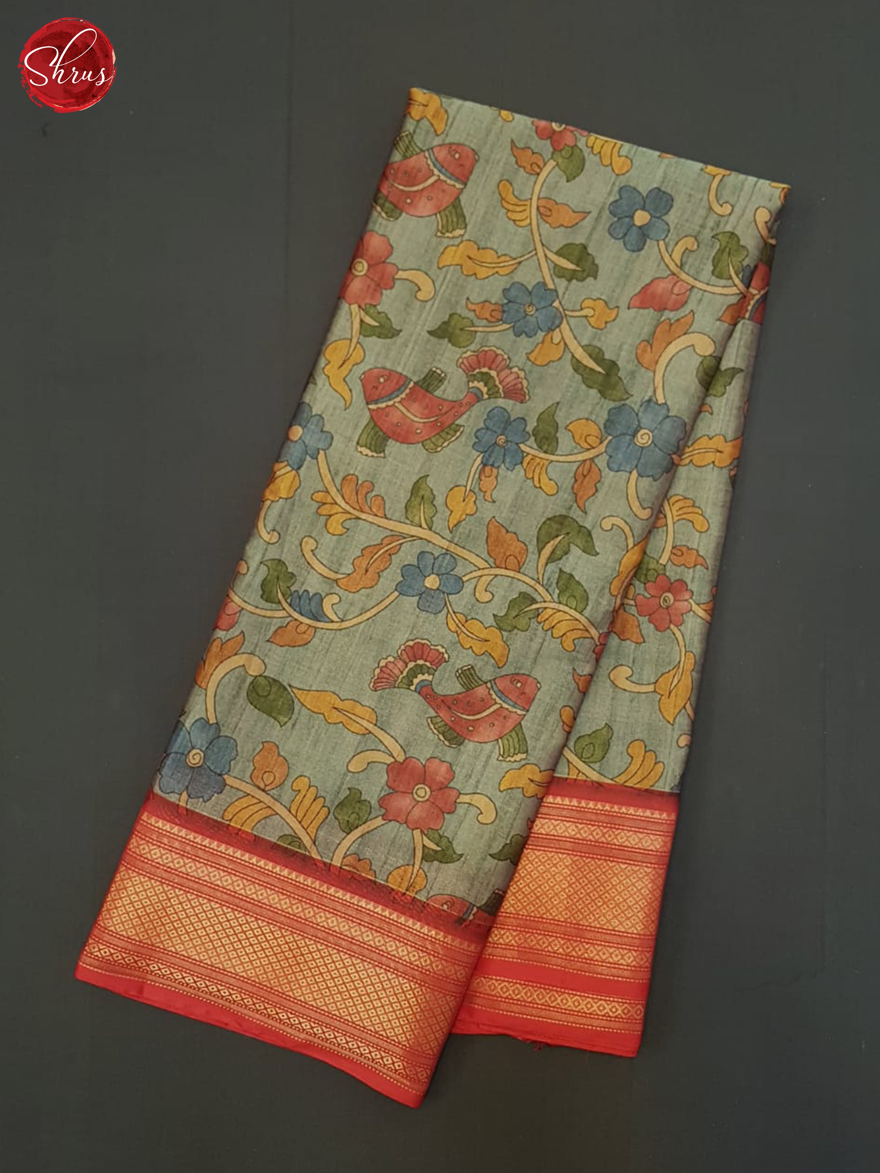 Grey & Red - Semi Crepe Saree - Shop on ShrusEternity.com