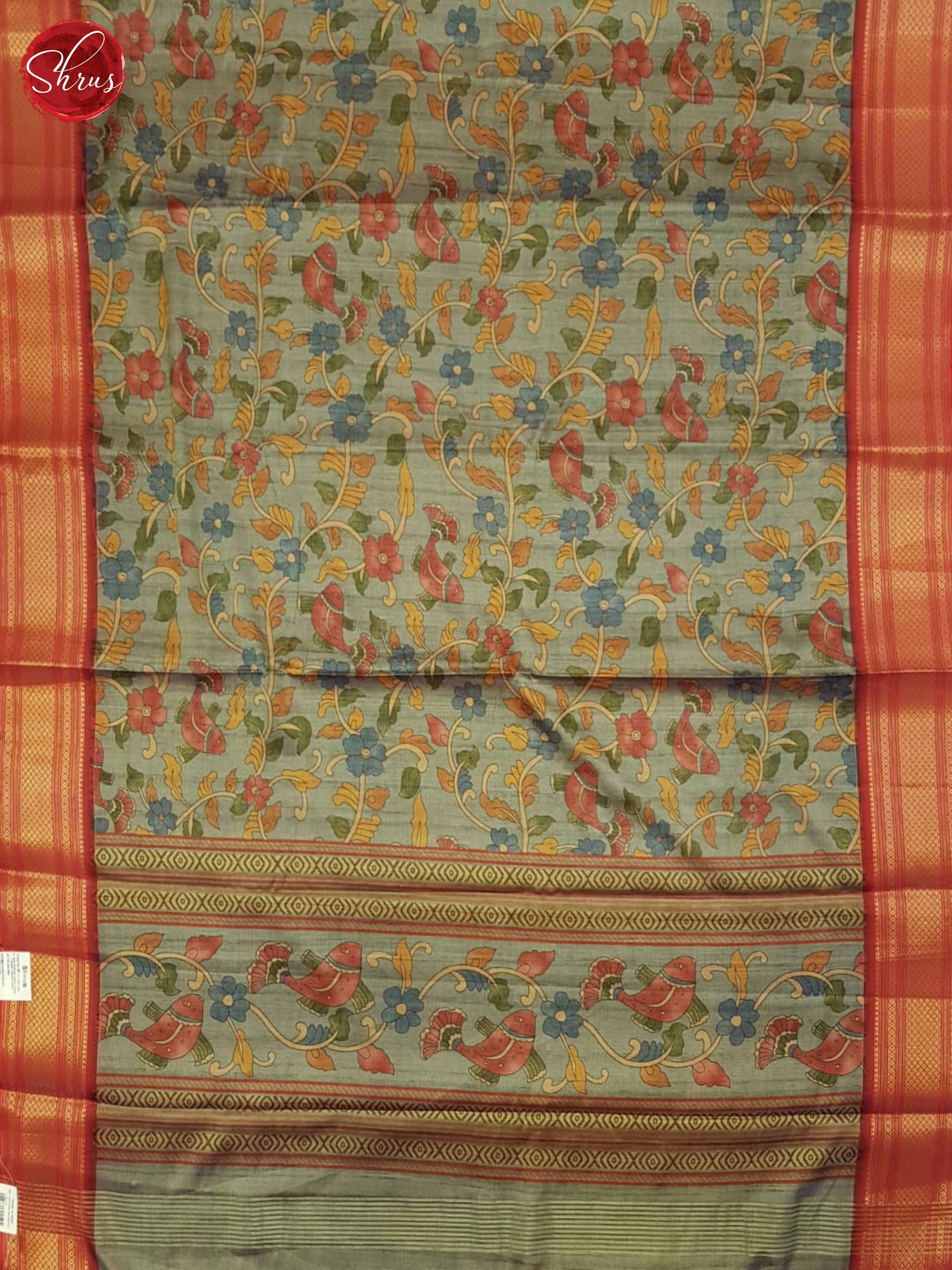 Grey & Red - Semi Crepe Saree - Shop on ShrusEternity.com