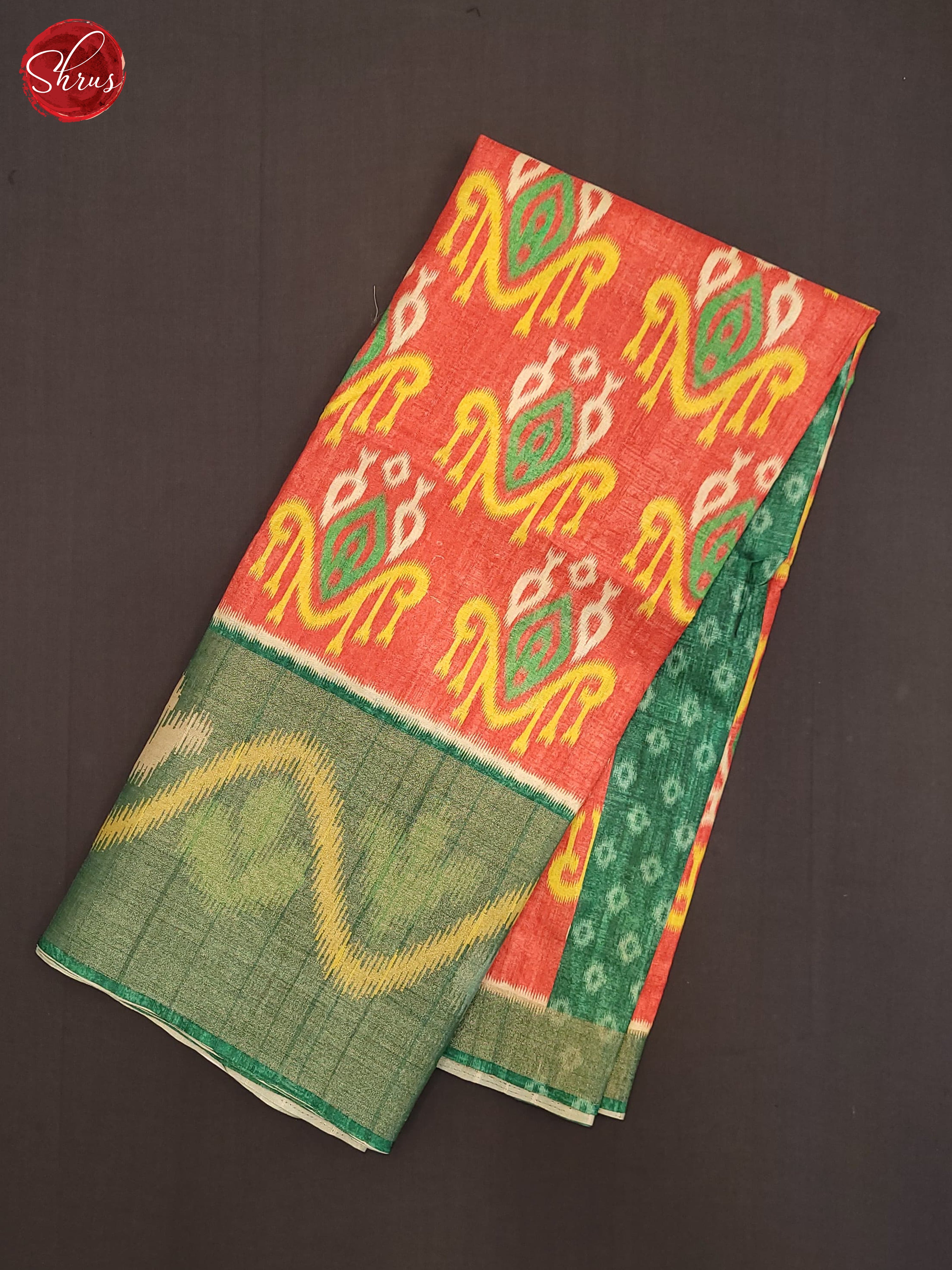 Peachish Pink & Green - Semi Pochampally Saree - Shop on ShrusEternity.com