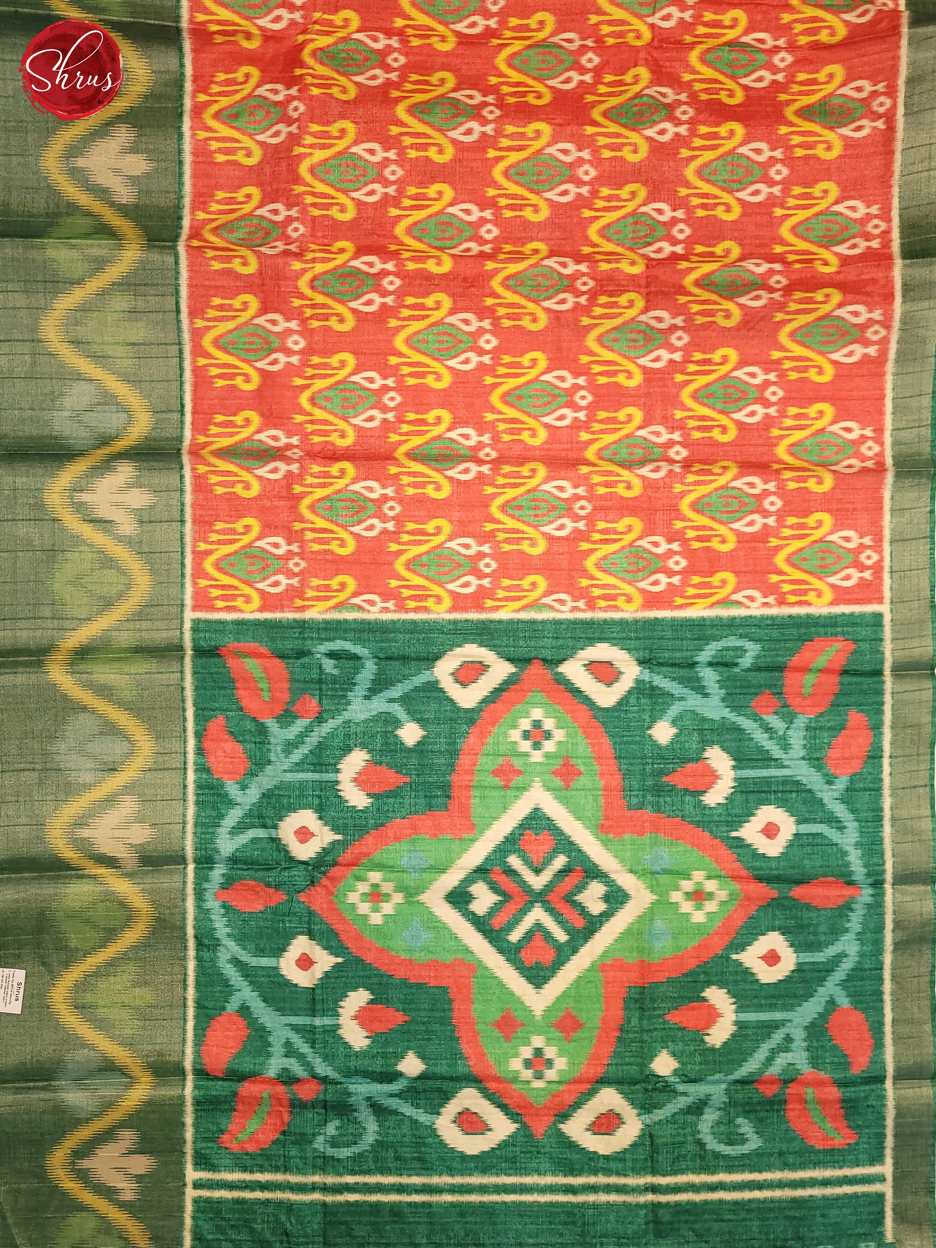 Peachish Pink & Green - Semi Pochampally Saree - Shop on ShrusEternity.com