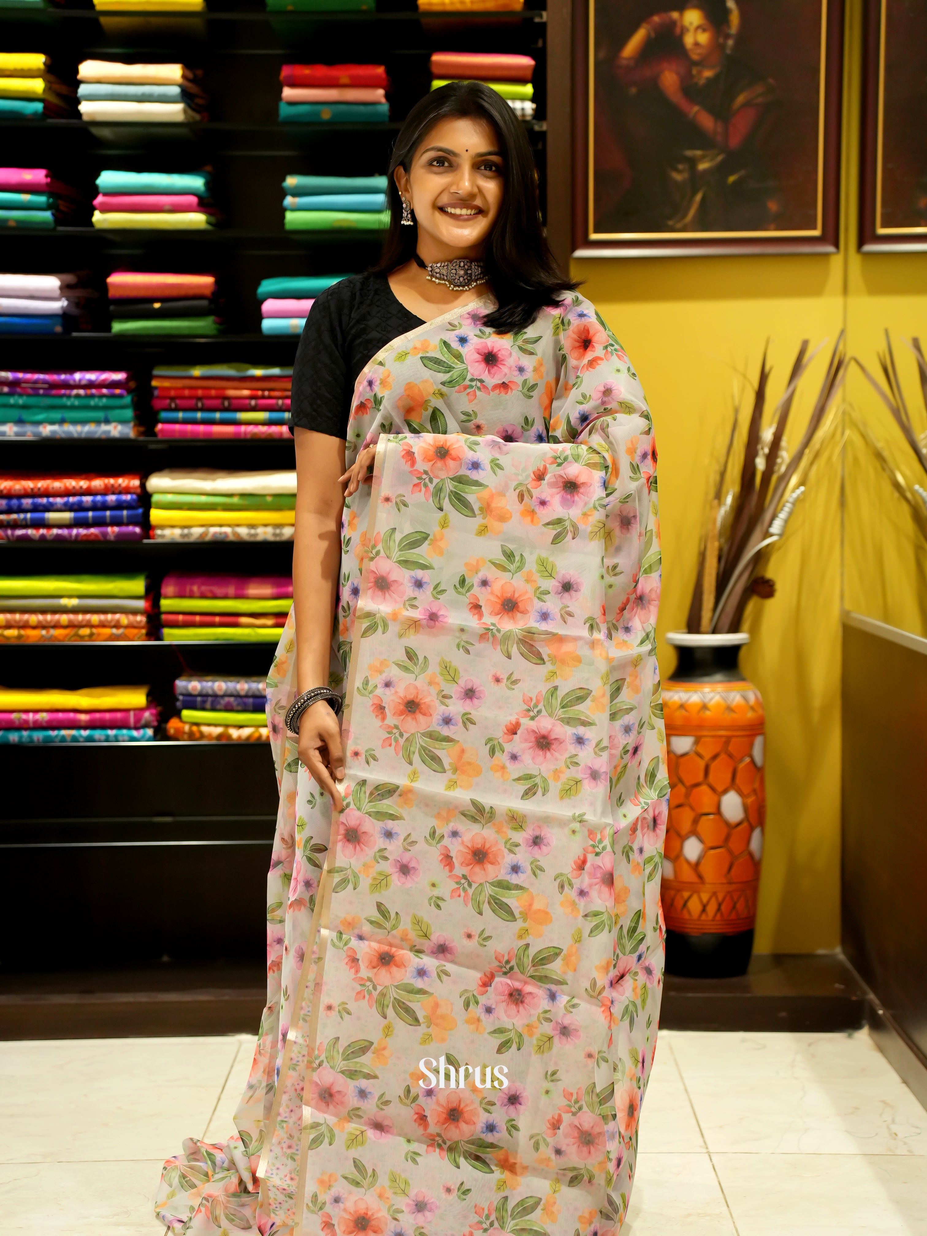Grey(single tone)-Semi Organza Saree - Shop on ShrusEternity.com